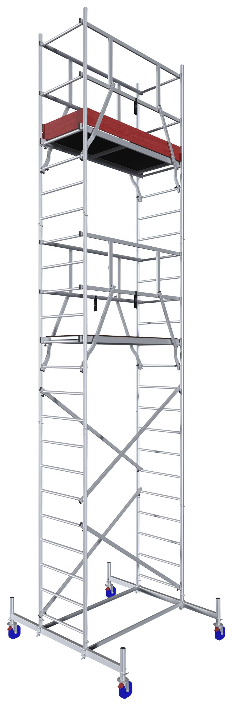 Un échafaudage mobile avec des plateformes rouges et des roues bleues, adapté aux travaux en hauteur.