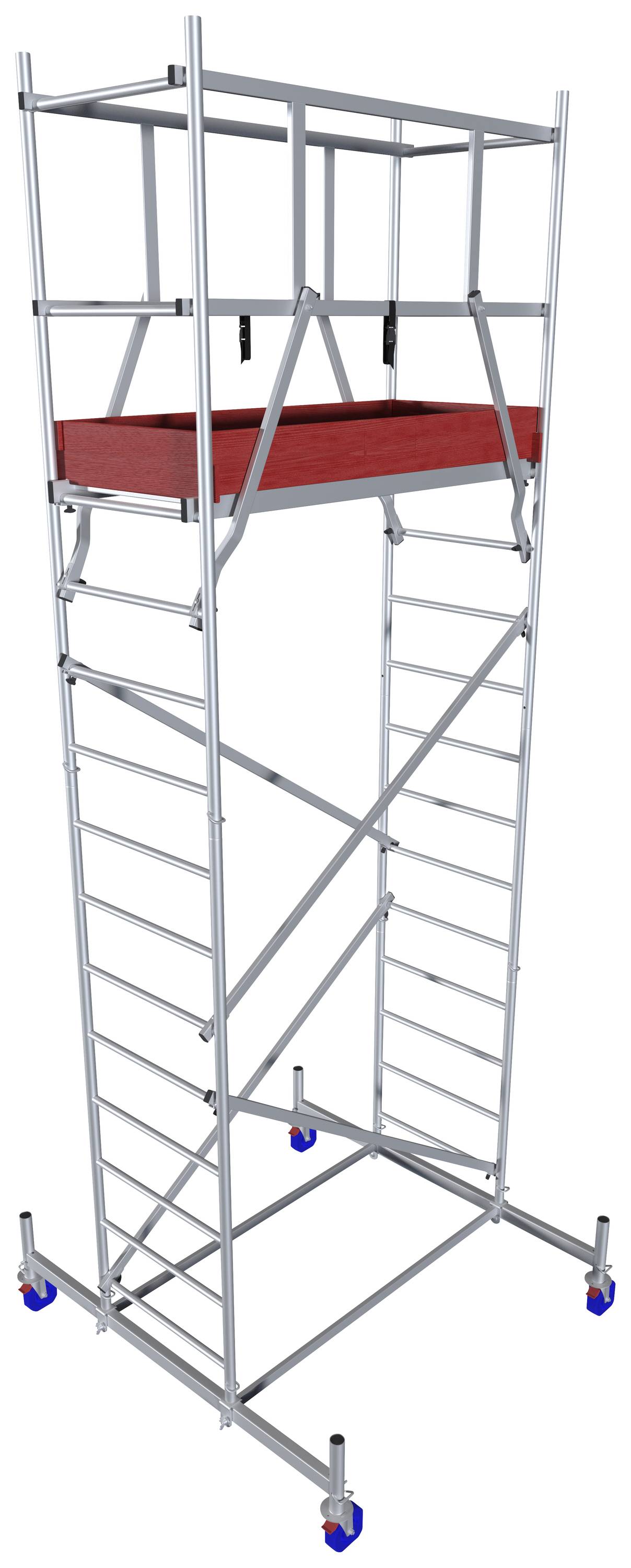 Un échafaudage mobile avec une plateforme rouge et des roues bleues, adapté aux travaux en hauteur.