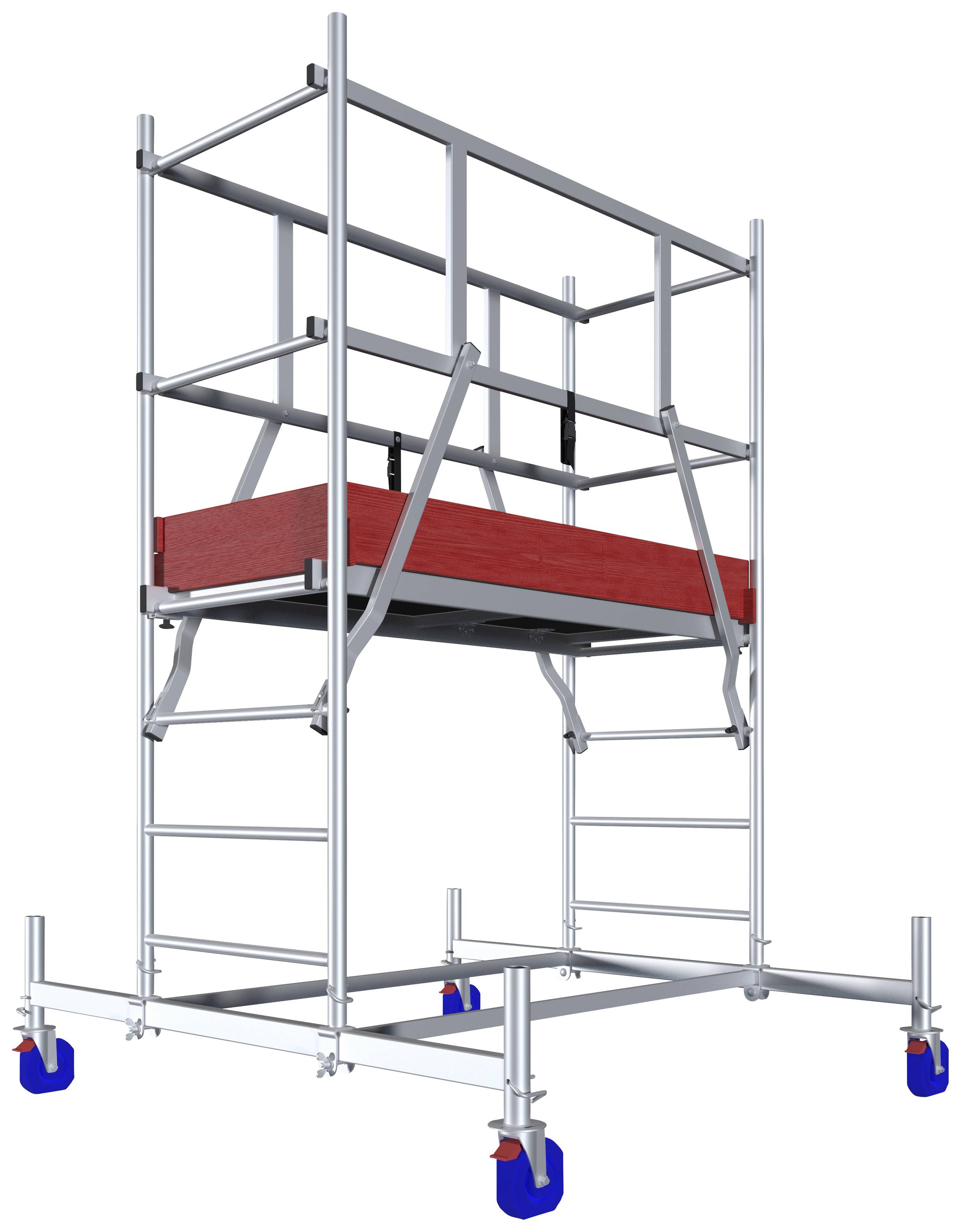 Un échafaudage mobile avec des roulettes bleues, un cadre en métal et une plateforme rouge au centre. Adapté pour les travaux de construction ou de maintenance.