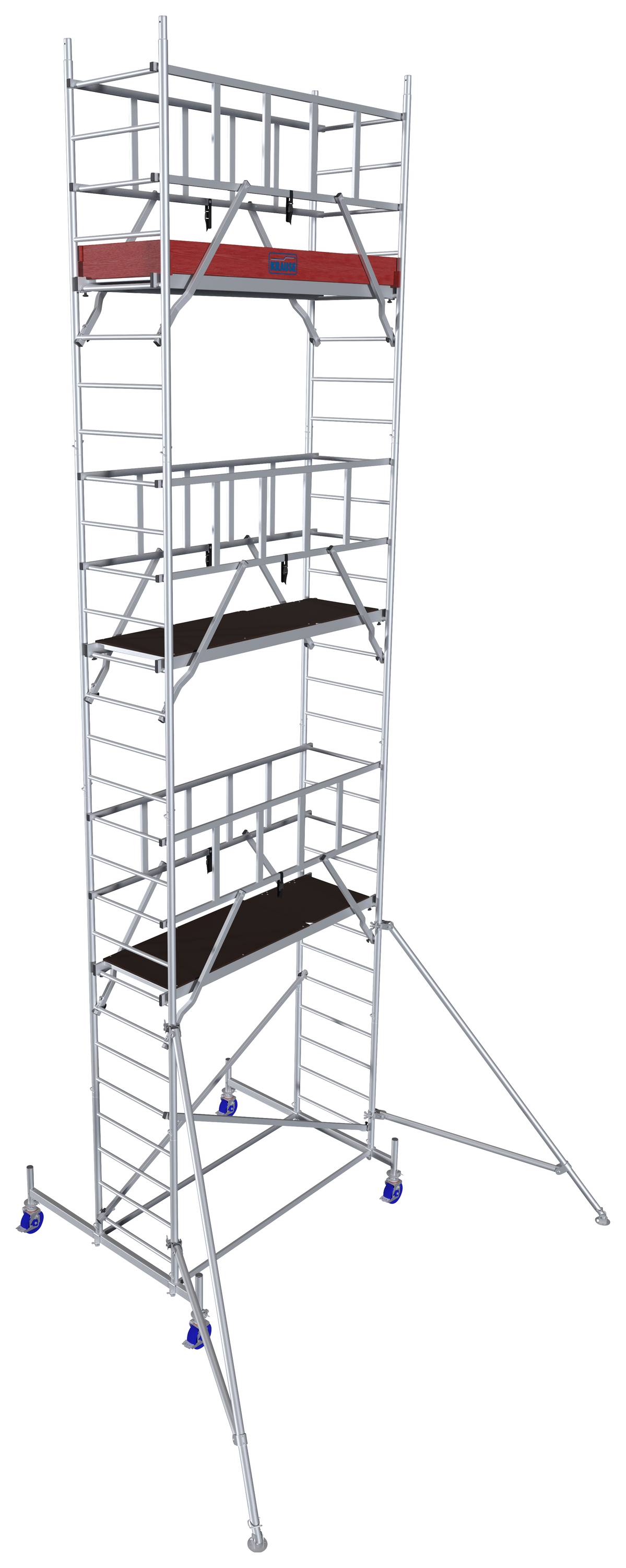 Un échafaudage mobile en métal de grande hauteur avec plusieurs plateformes, sécurisé par des supports latéraux et des roues à la base.