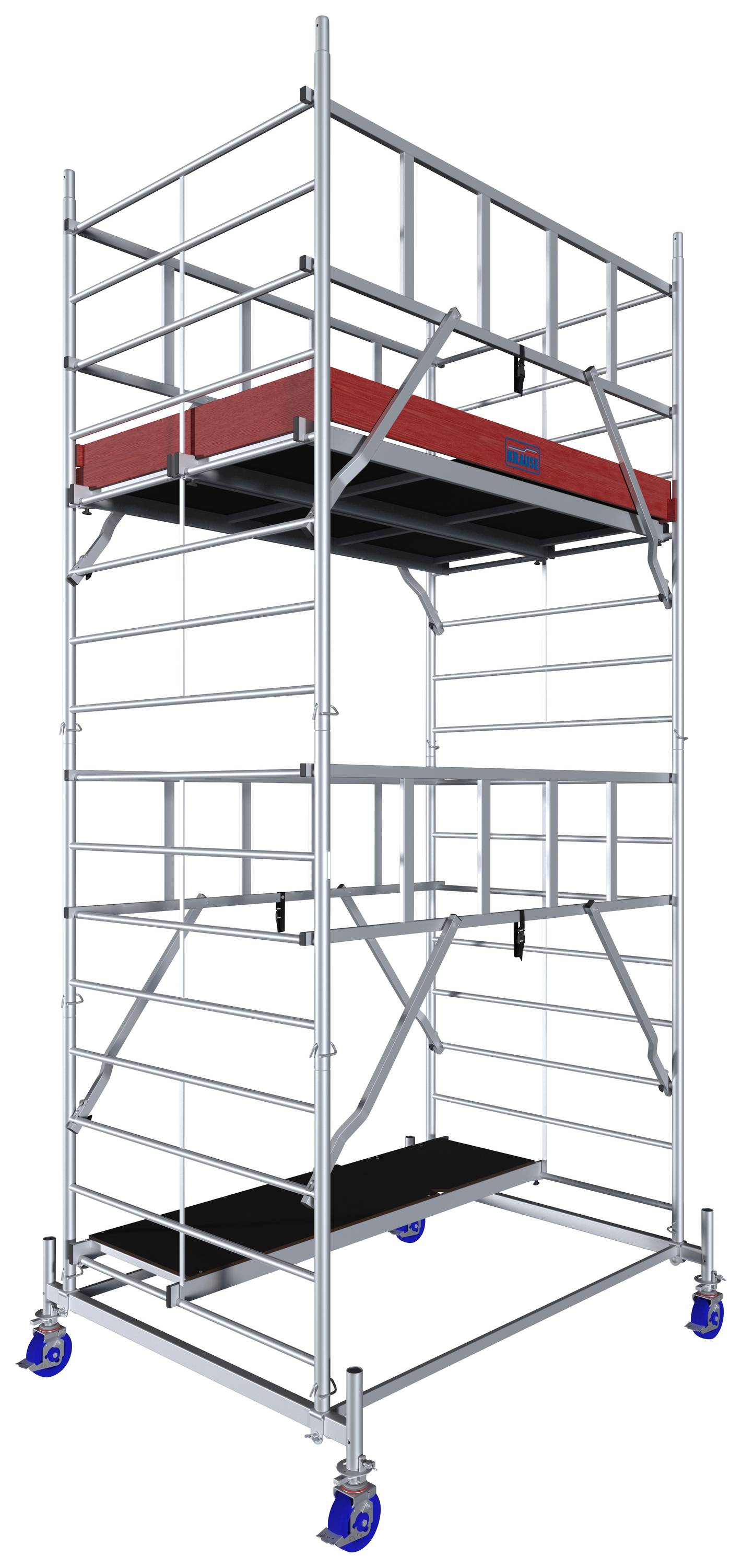 Échafaudage en aluminium avec plateforme et roulettes, assemblé et prêt à être utilisé pour des travaux de construction ou de réparation.