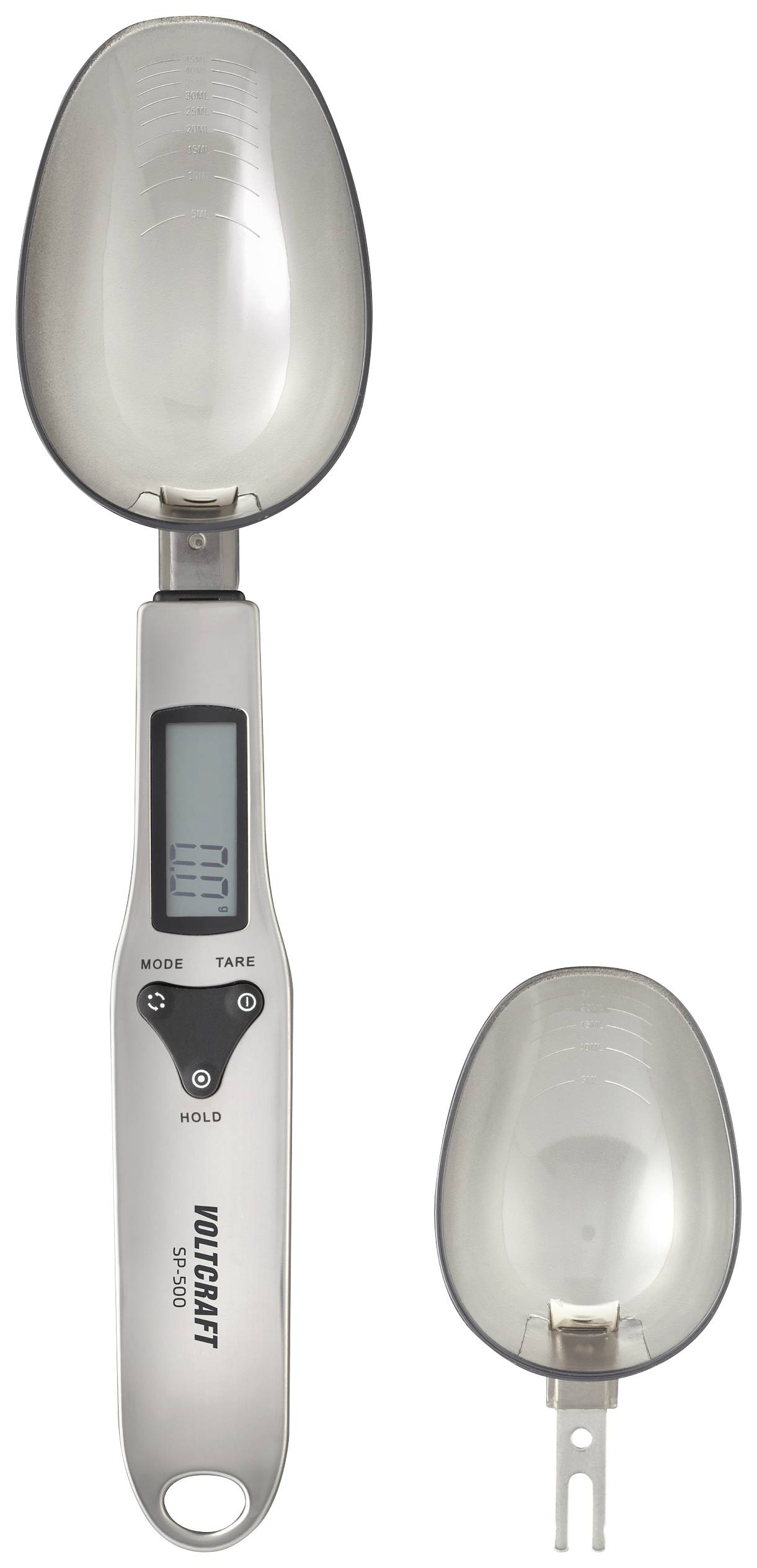 Balance de cuisine numérique avec cuillère amovible, écran LCD et touches pour le mode, la tare et le maintien. Adaptée pour peser précisément de petites quantités.