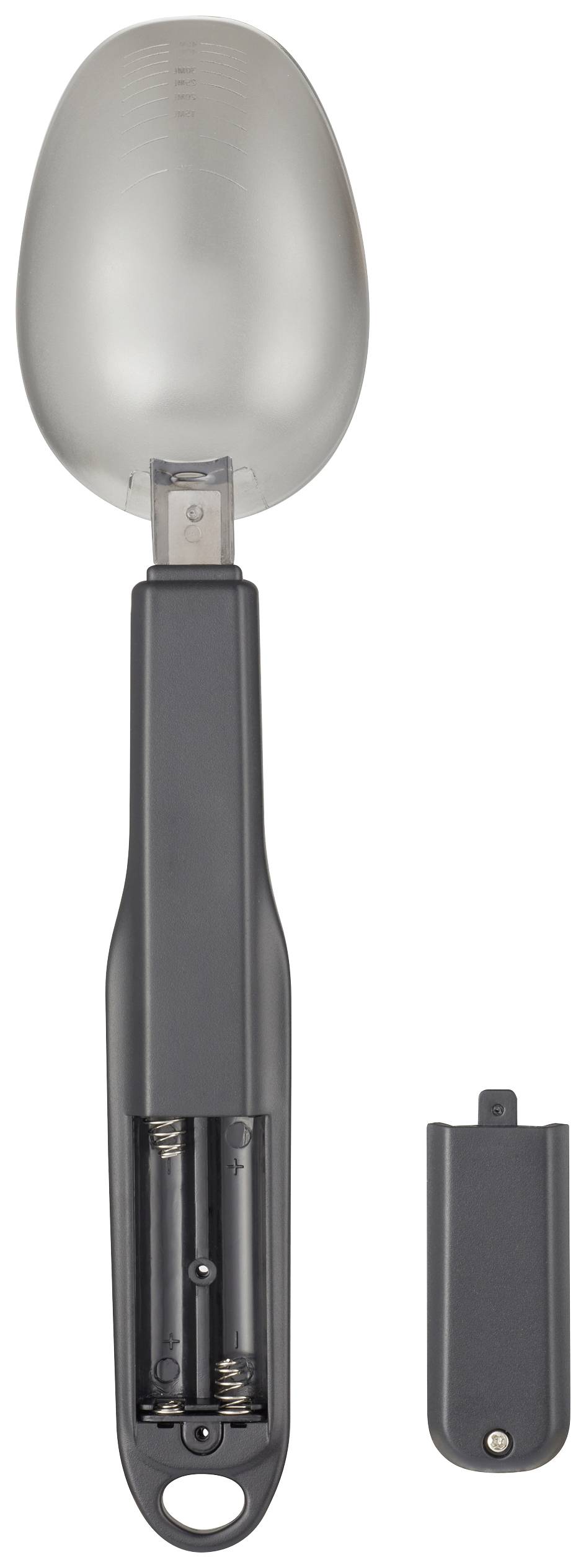 Une cuillère à sauce électrique avec un couvercle de compartiment à piles amovible, disposés côte à côte.