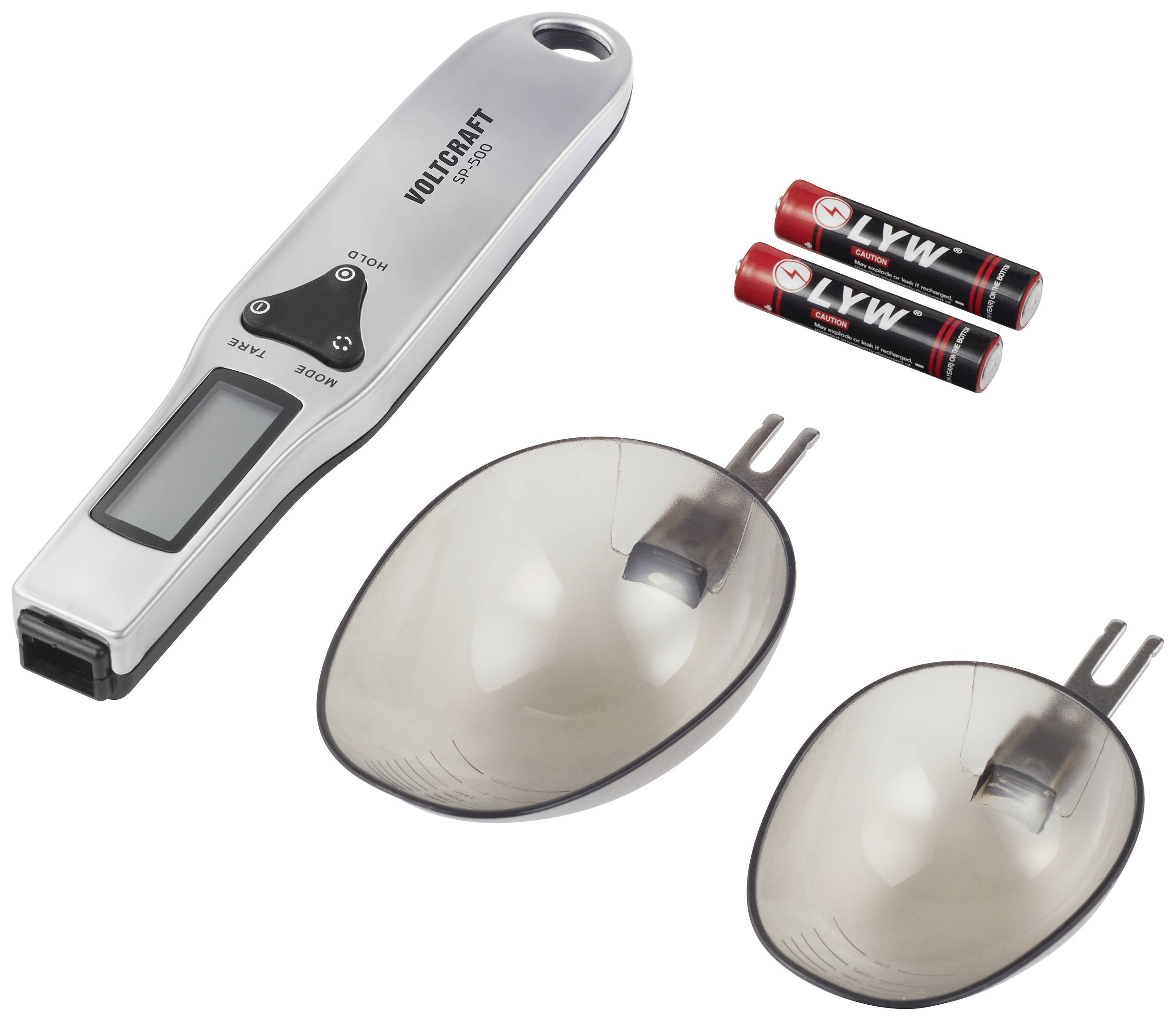 Balance électronique avec affichage numérique et deux plateaux amovibles. Deux piles sont placées à côté.