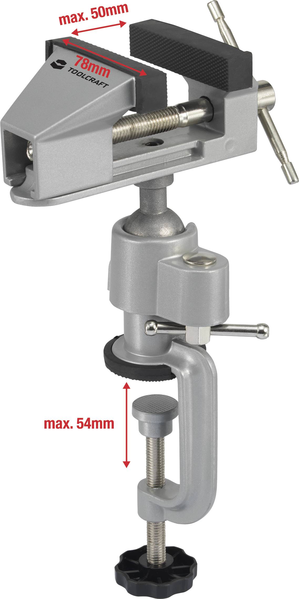 'Étau de table gris avec rotule pivotante. Ouverture maximale de 50 mm, épaisseur maximale de table de 54 mm. Adapté aux travaux d'atelier.'