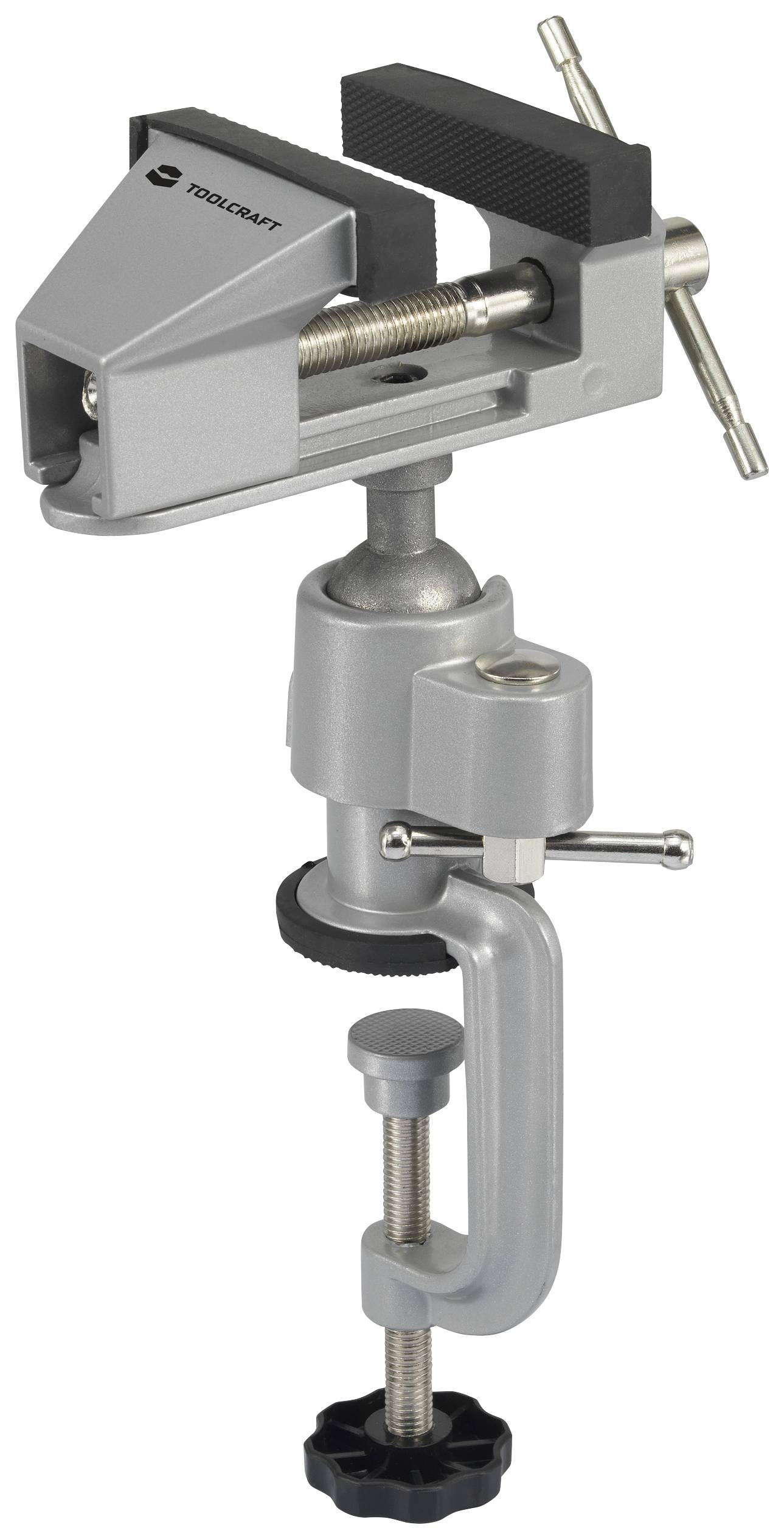 Étau gris avec base pivotante et poignées, fixé à une surface de travail. Idéal pour travailler avec précision sur des petites pièces.