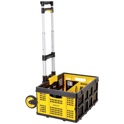 Chariot de transport pliable jaune et noir avec poignée télescopique et roues, adapté pour le transport facile des outils.