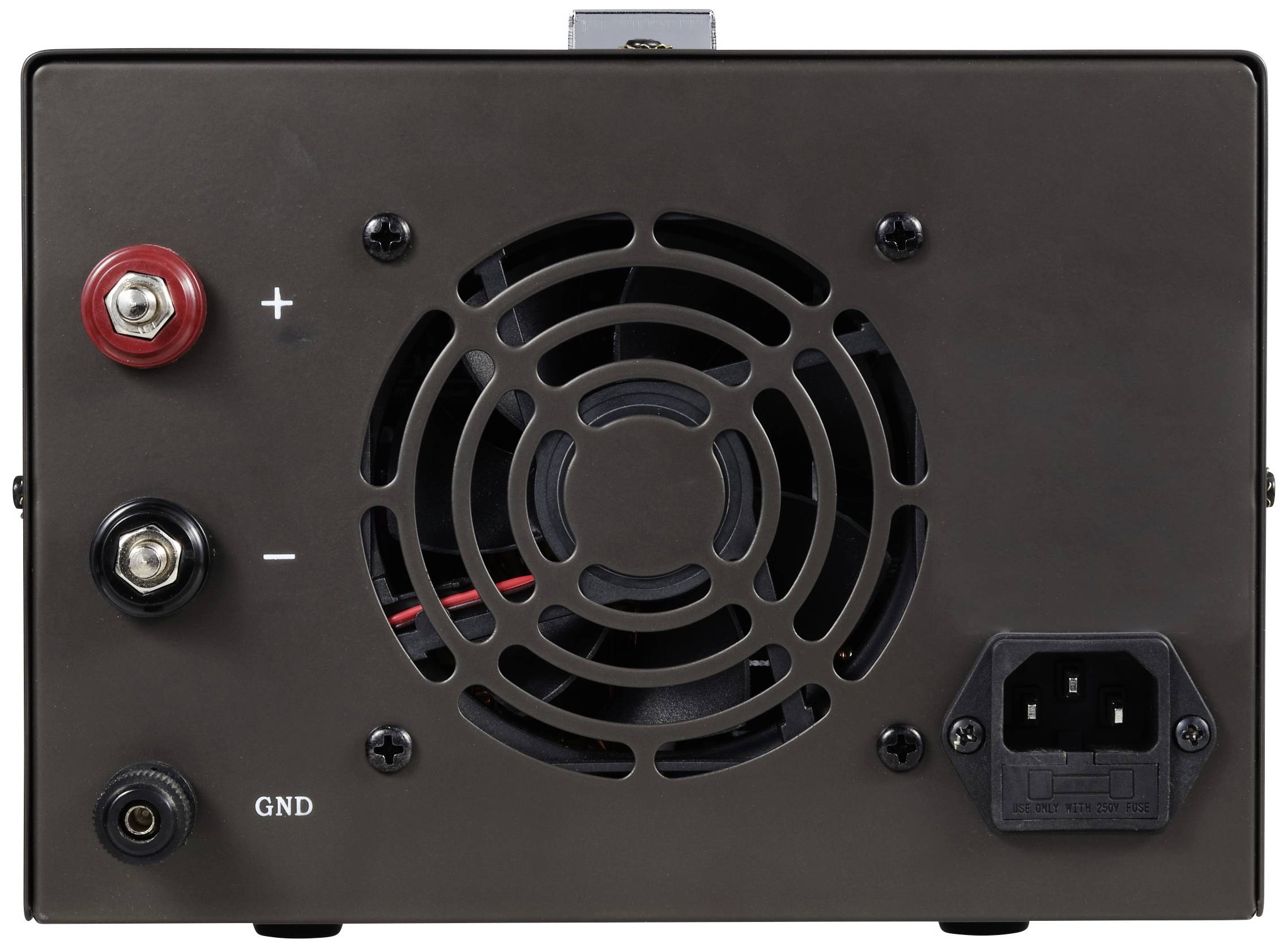 Appareil électronique noir avec ventilateur, connexions électriques pour positif, négatif et mise à la terre. Connexion du câble d'alimentation à droite.