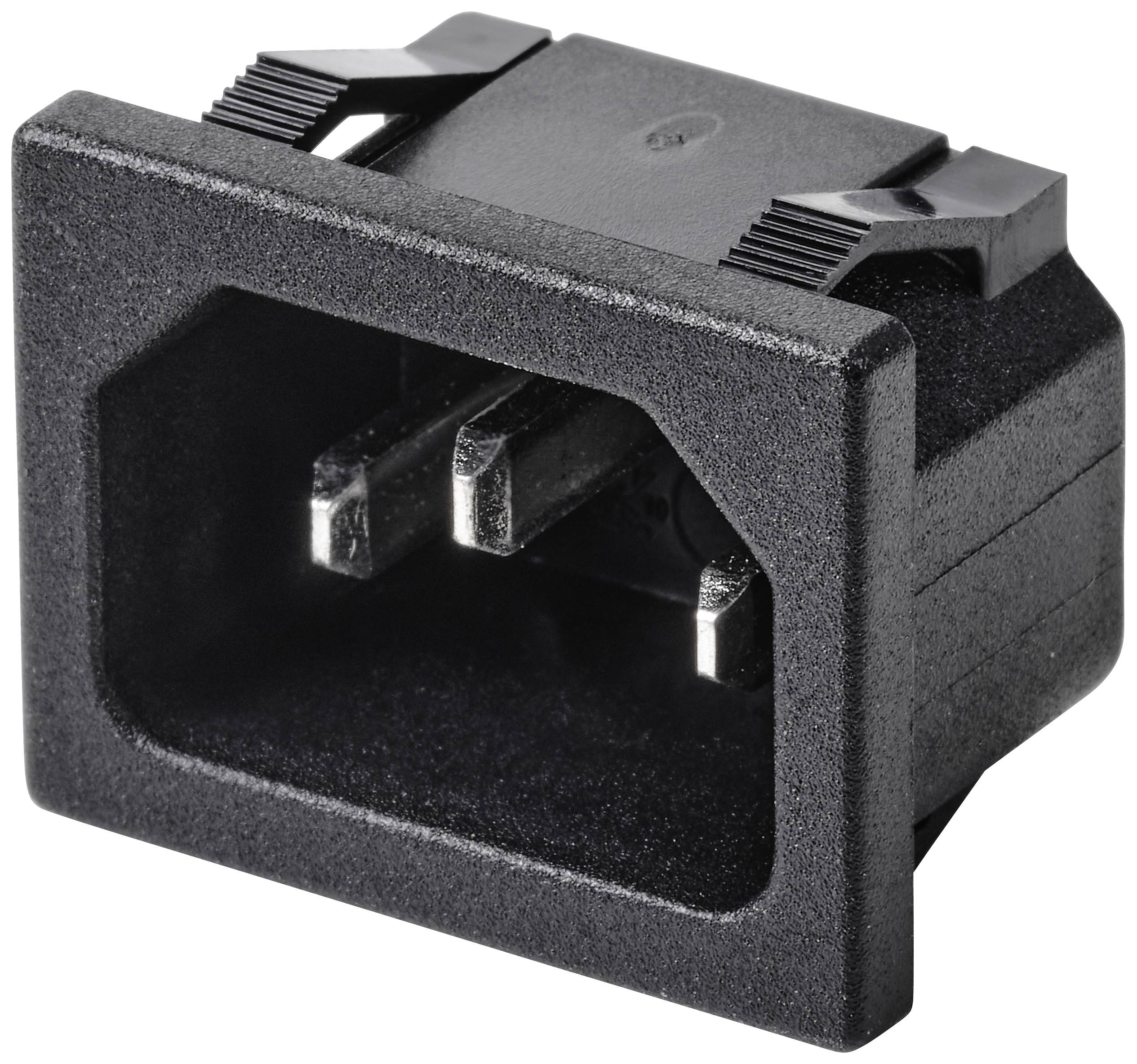 Connecteur IEC noir à trois broches, de forme rectangulaire, couramment utilisé pour l'alimentation électrique des appareils électroniques.