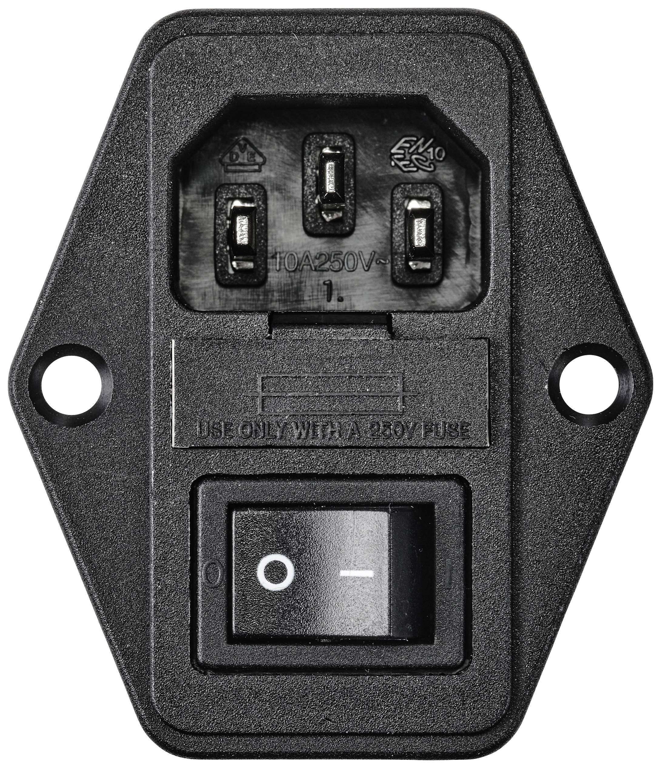 Interrupteur d'appareil noir avec deux ouvertures rondes de vis sur les côtés, indiquant les positions 'Marche' et 'Arrêt'. Des connexions électriques sont visibles en haut.