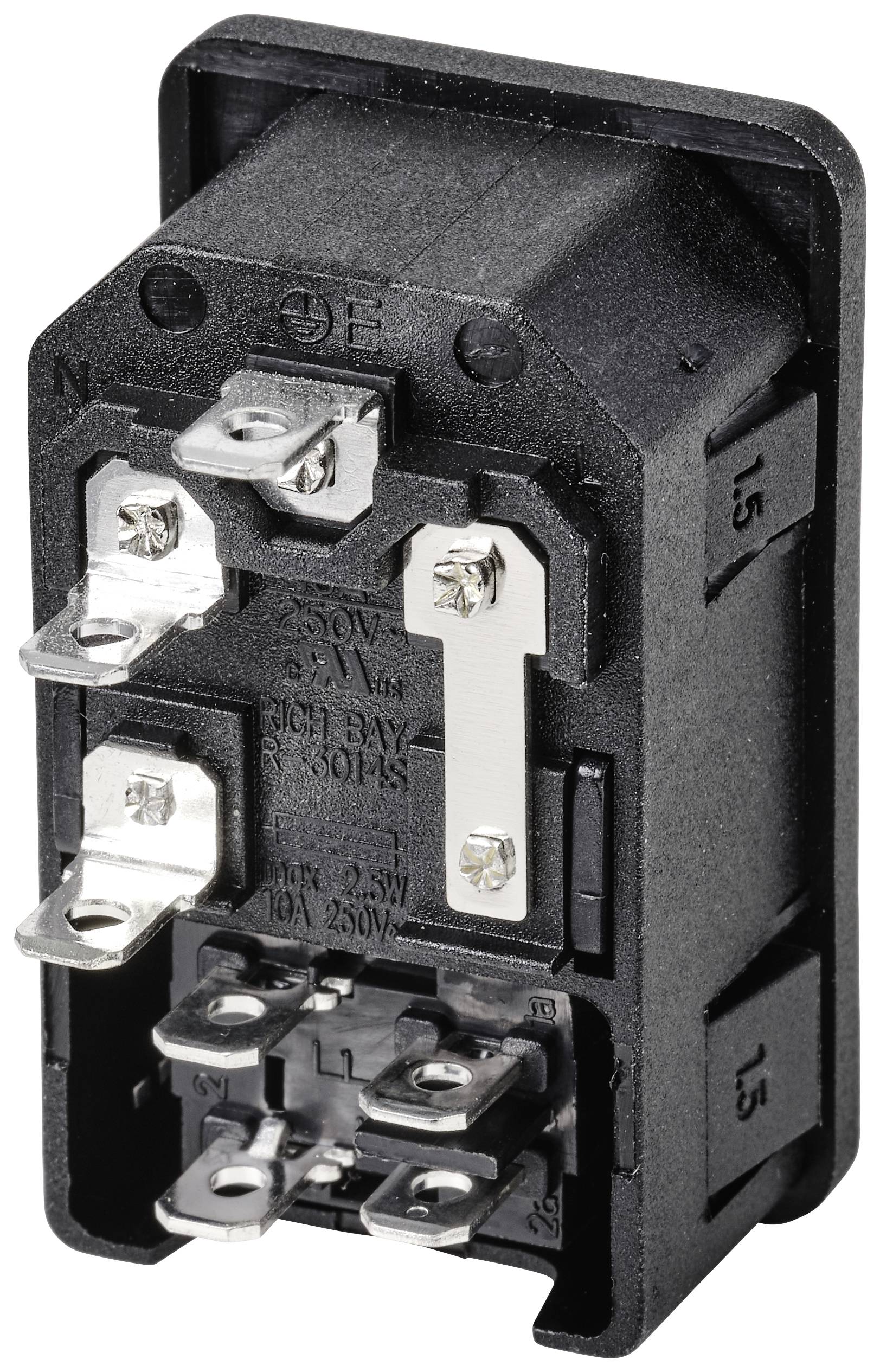 Un connecteur électrique noir avec plusieurs bornes métalliques. Les manchons sont étiquetés 1.5.
