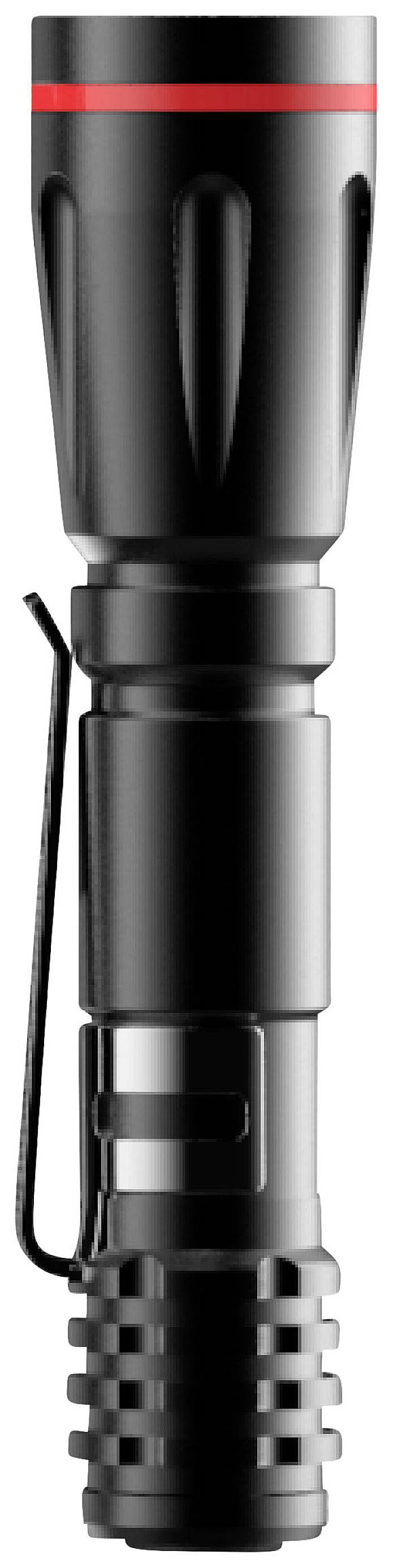 Une lampe de poche noire avec un anneau rouge sur le bord supérieur et un clip de fixation sur le côté.