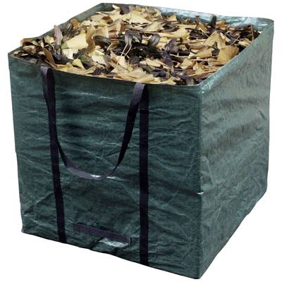 Un sac vert est rempli de feuilles d'automne.
