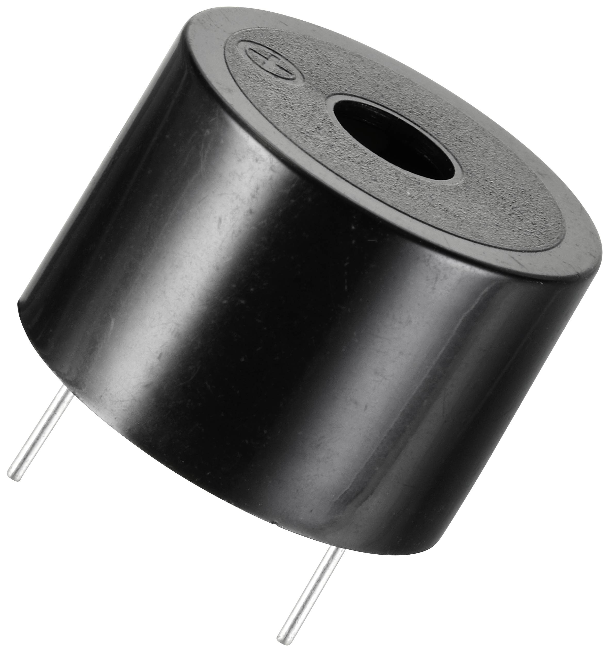 Un buzzer piézoélectrique noir cylindrique avec deux bornes métalliques.