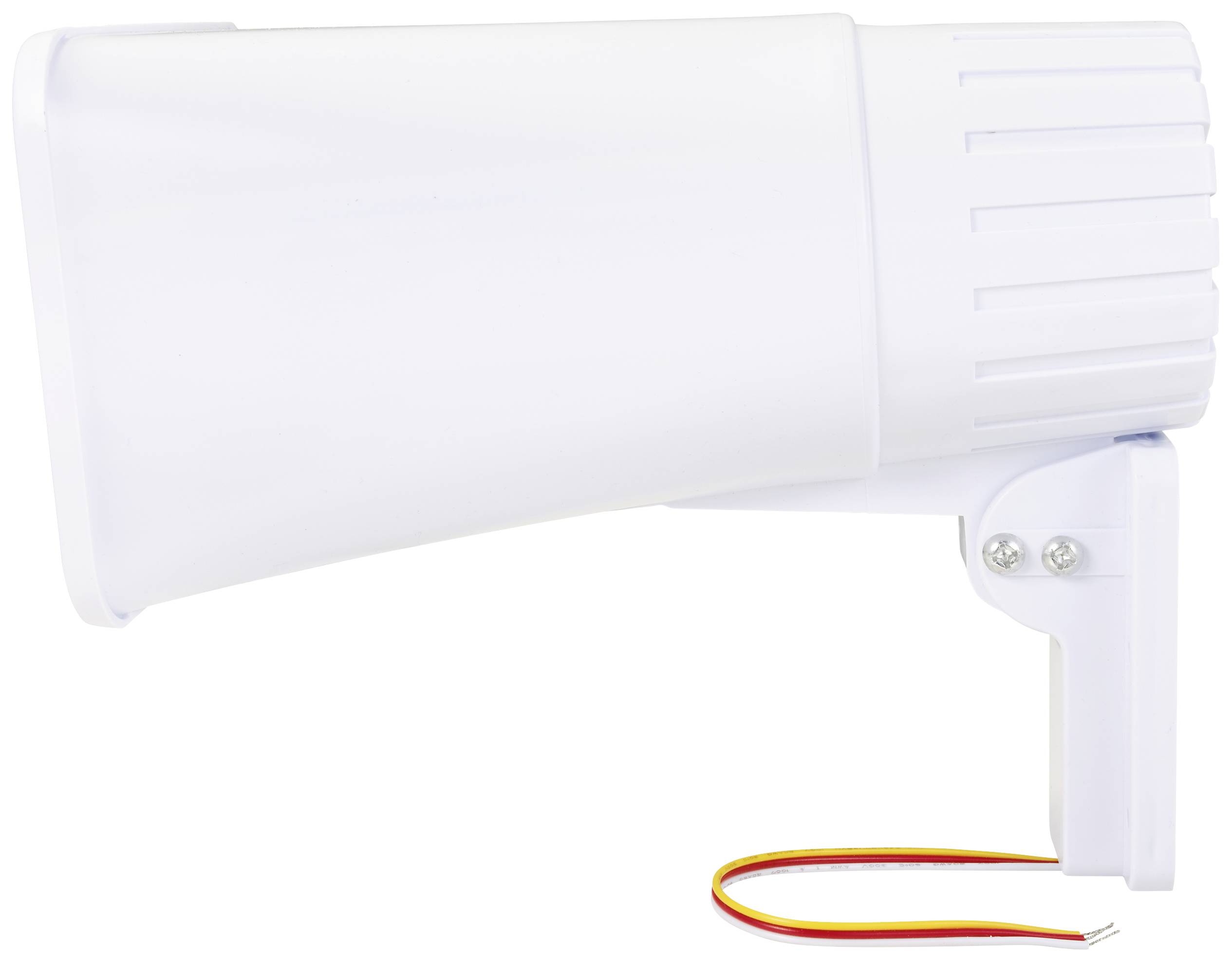 Un haut-parleur blanc avec un fil jaune et un fil rouge, monté sur un support, adapté aux installations extérieures.
