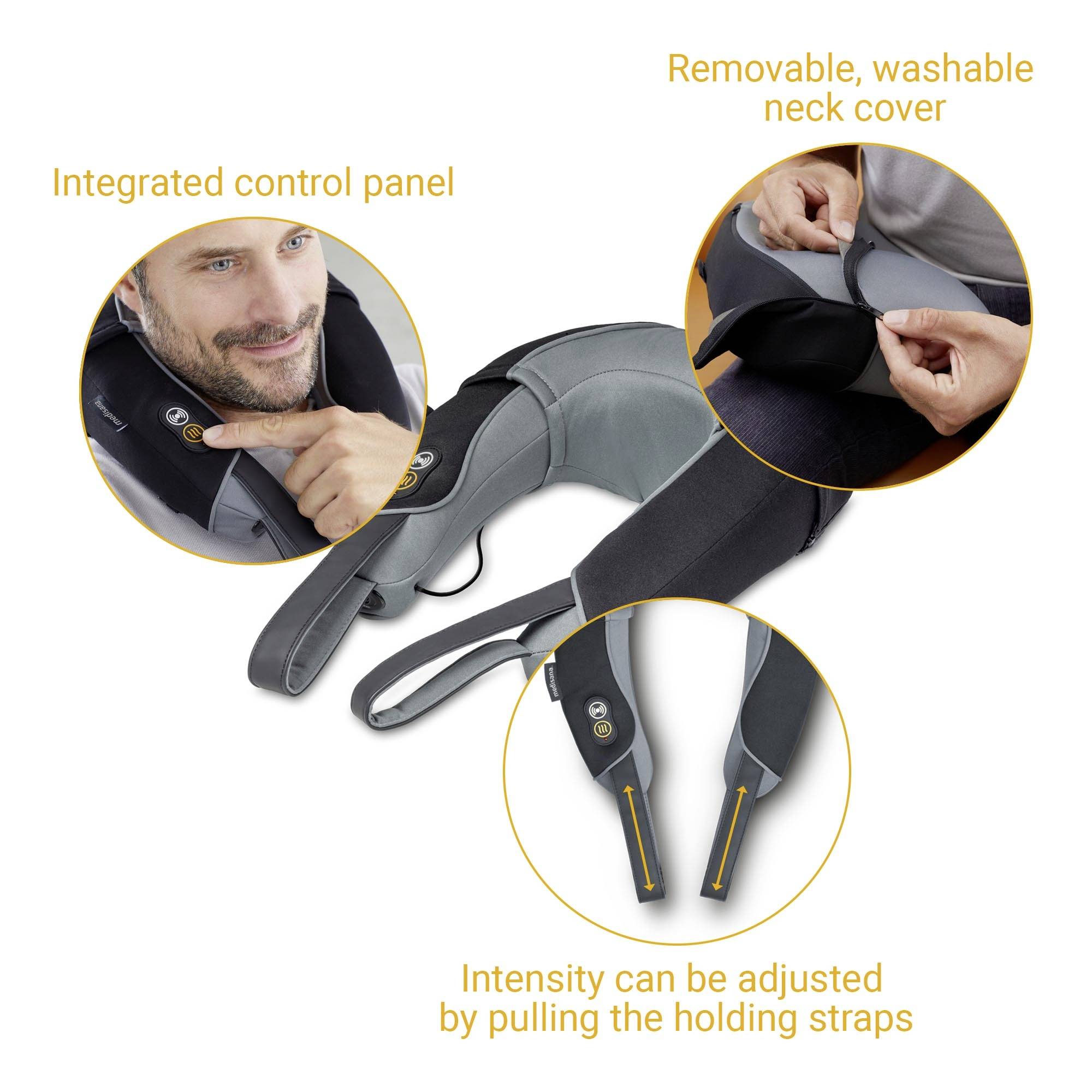 Appareil de massage cervical avec panneau de commande intégré, protection cervicale amovible et lavable. Intensité ajustable en tirant sur les sangles de maintien.