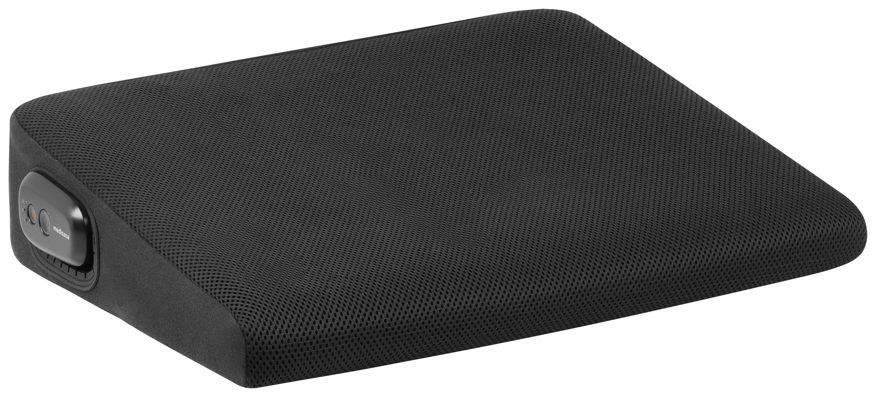 Coussin noir, rectangulaire avec des coins arrondis et un bouton sur le côté.