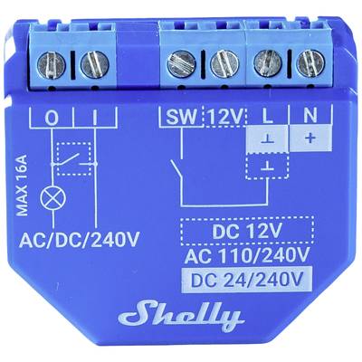 Commutateur électrique bleu avec inscriptions : 'AC/DC/240V', 'MAX 16A', 'SW:12V', 'DC 12V', 'AC 110/240V', nom du fabricant 'Shelly'.