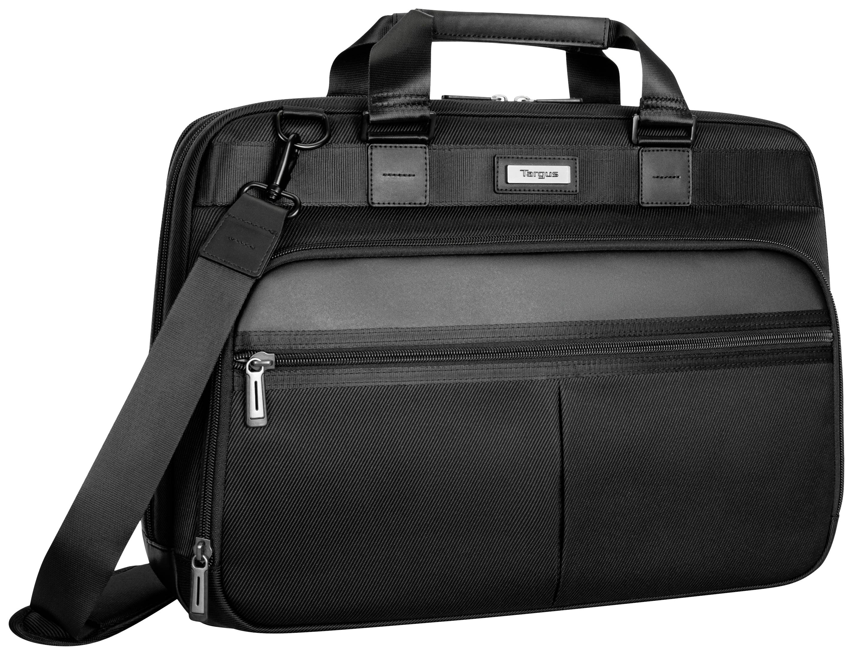 Sacoche d'ordinateur portable noire en textile avec plusieurs poches à fermeture éclair et une bandoulière réglable.