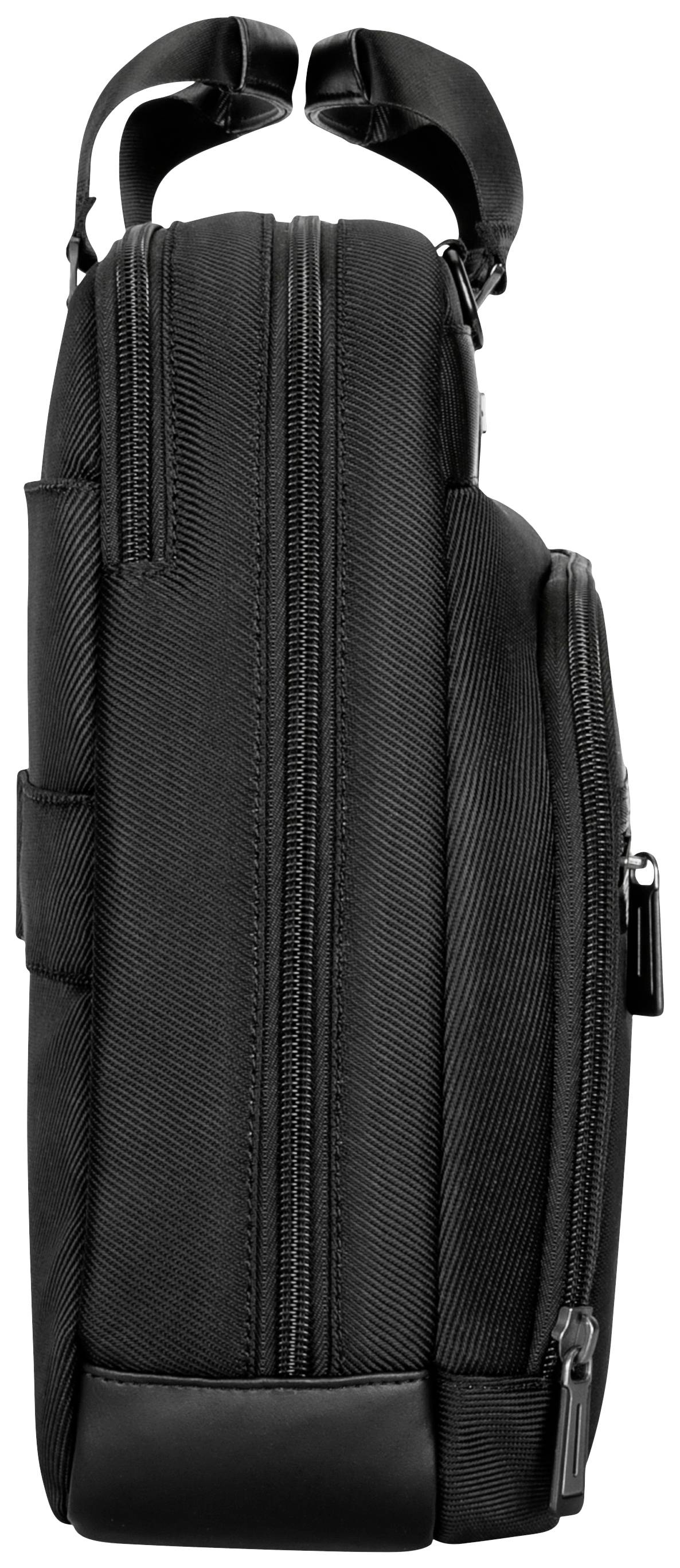Sacoche noire et étroite pour ordinateur portable, vue de côté, avec deux fermetures éclair et poignées en haut. Idéale pour le transport des ordinateurs portables.
