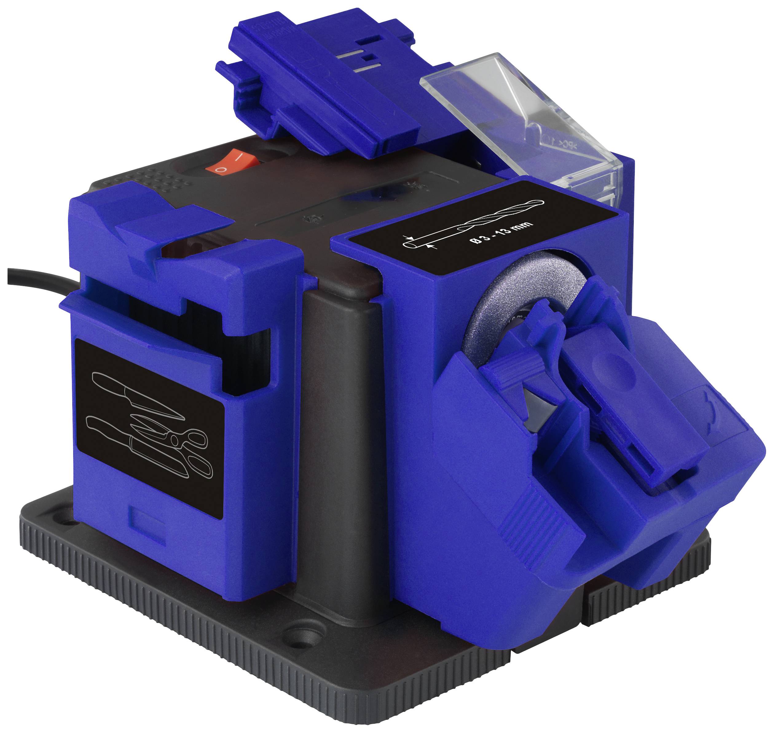 Affûte-couteau électrique bleu avec différentes fentes pour différents types de lames, posé sur une base noire.