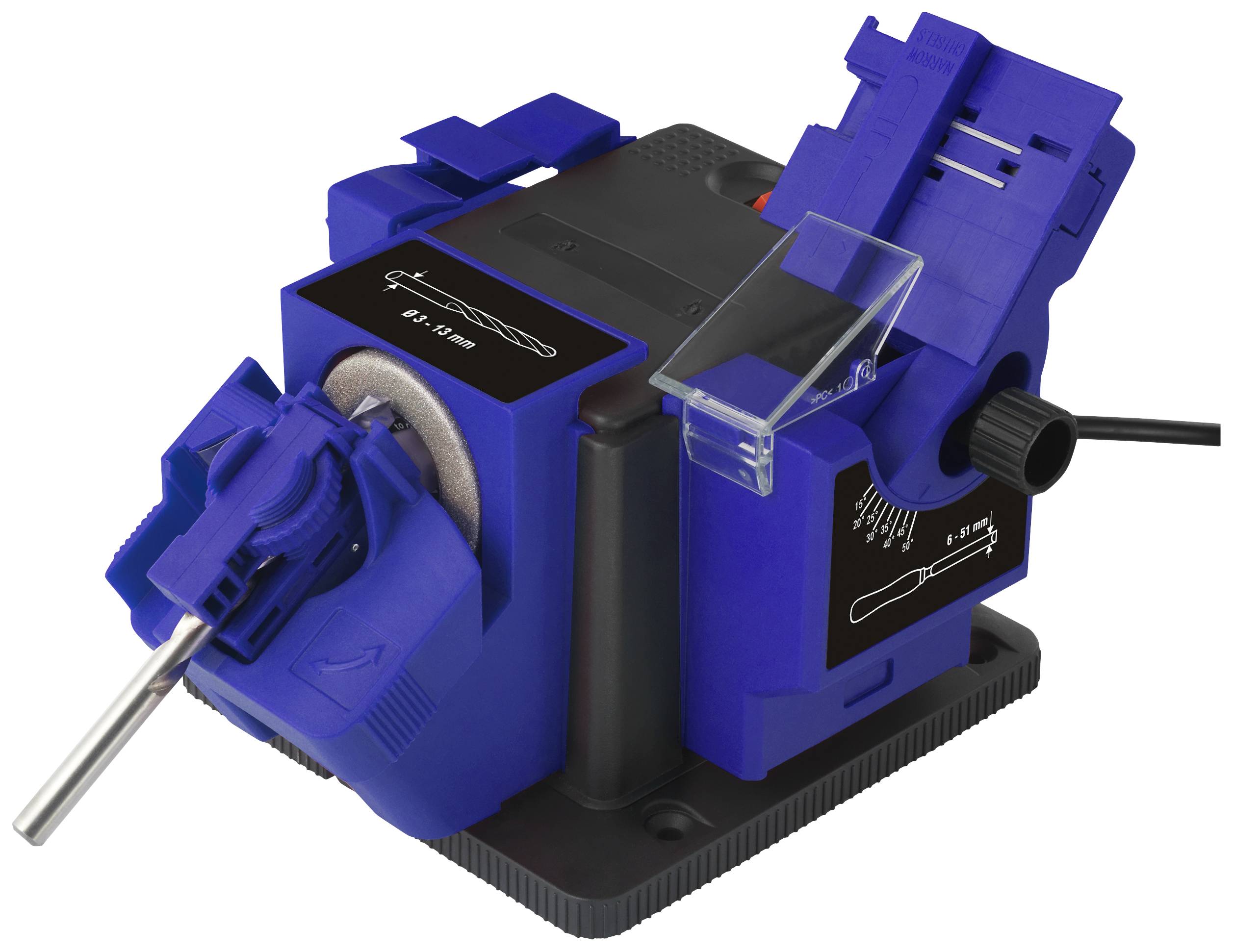 Affûteuse électrique pour forets avec boîtier bleu. Convient à l'affûtage des forets en métal.