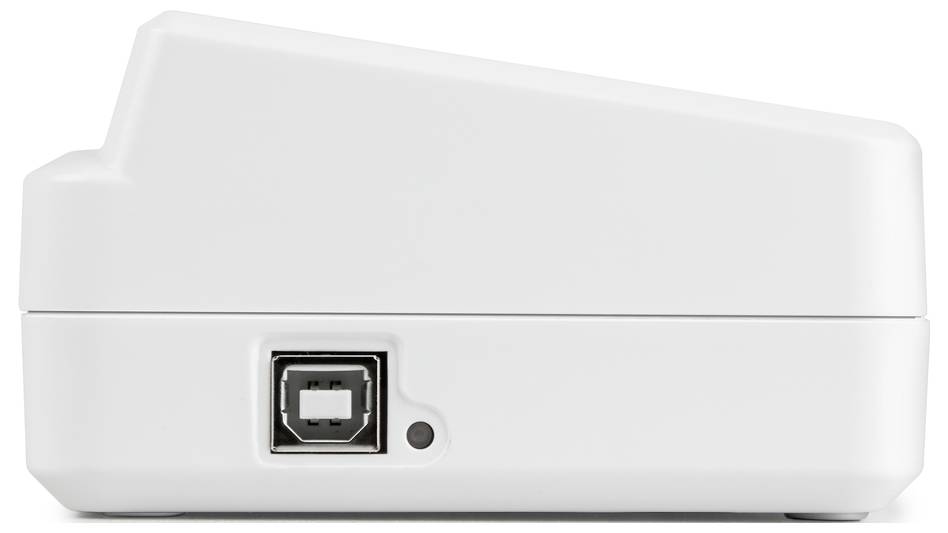 Un appareil électronique blanc avec un port USB sur le côté gauche.