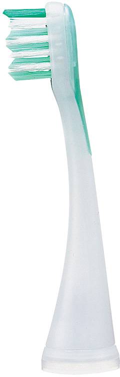 Tête de brosse à dents électrique avec des poils blancs et un insert en caoutchouc vert, vue de côté depuis la gauche.