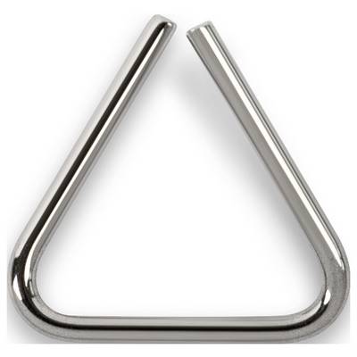 Triangle métallique à pointe ouverte, ressemblant à un symbole géométrique ou un outil, sur fond blanc.