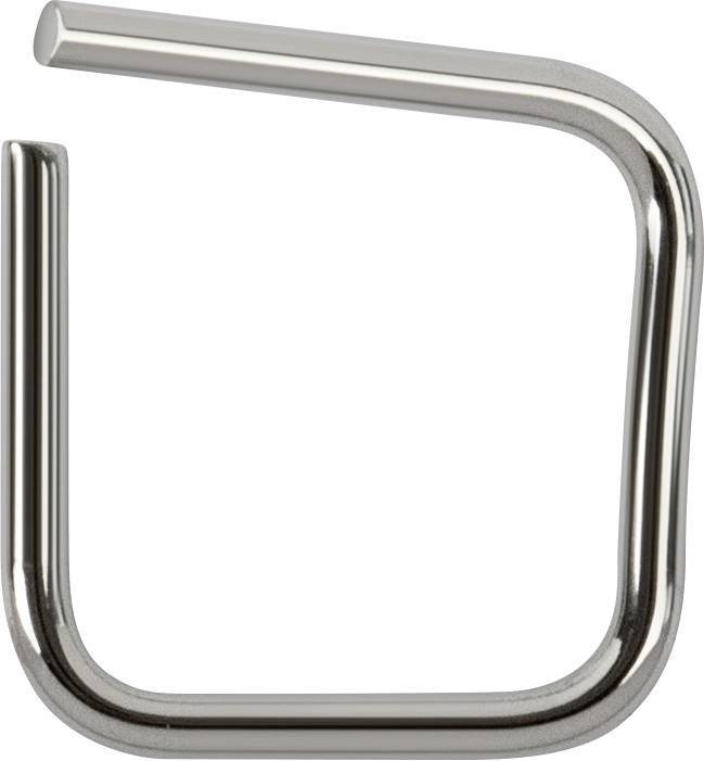 Un crochet rectangulaire argenté avec un côté ouvert, adapté pour suspendre des objets.