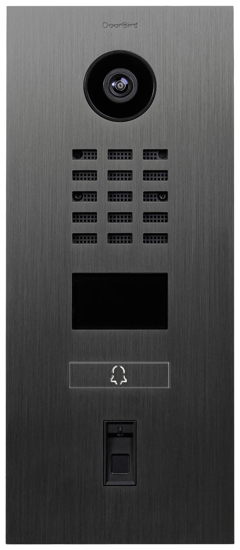 'Interphone vidéo avec caméra, grille haut-parleur, écran et bouton de sonnette. Boîtier en métal brossé.'