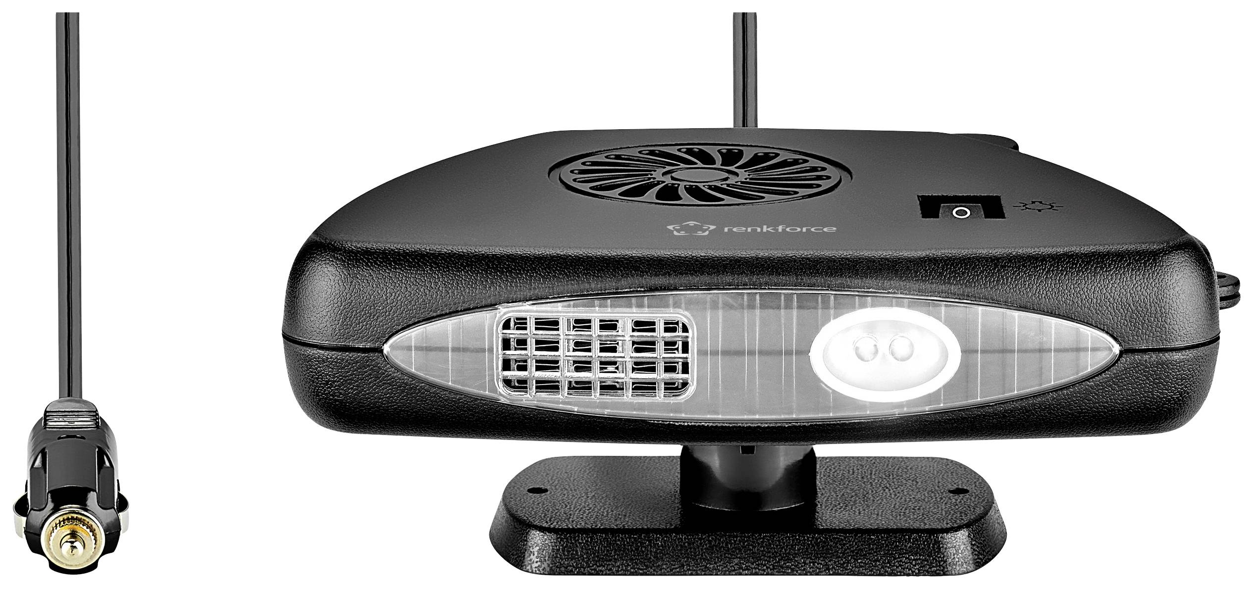Un projecteur portable mini, noir, avec ventilateur intégré et câble d'alimentation. Il est fixé sur un support.