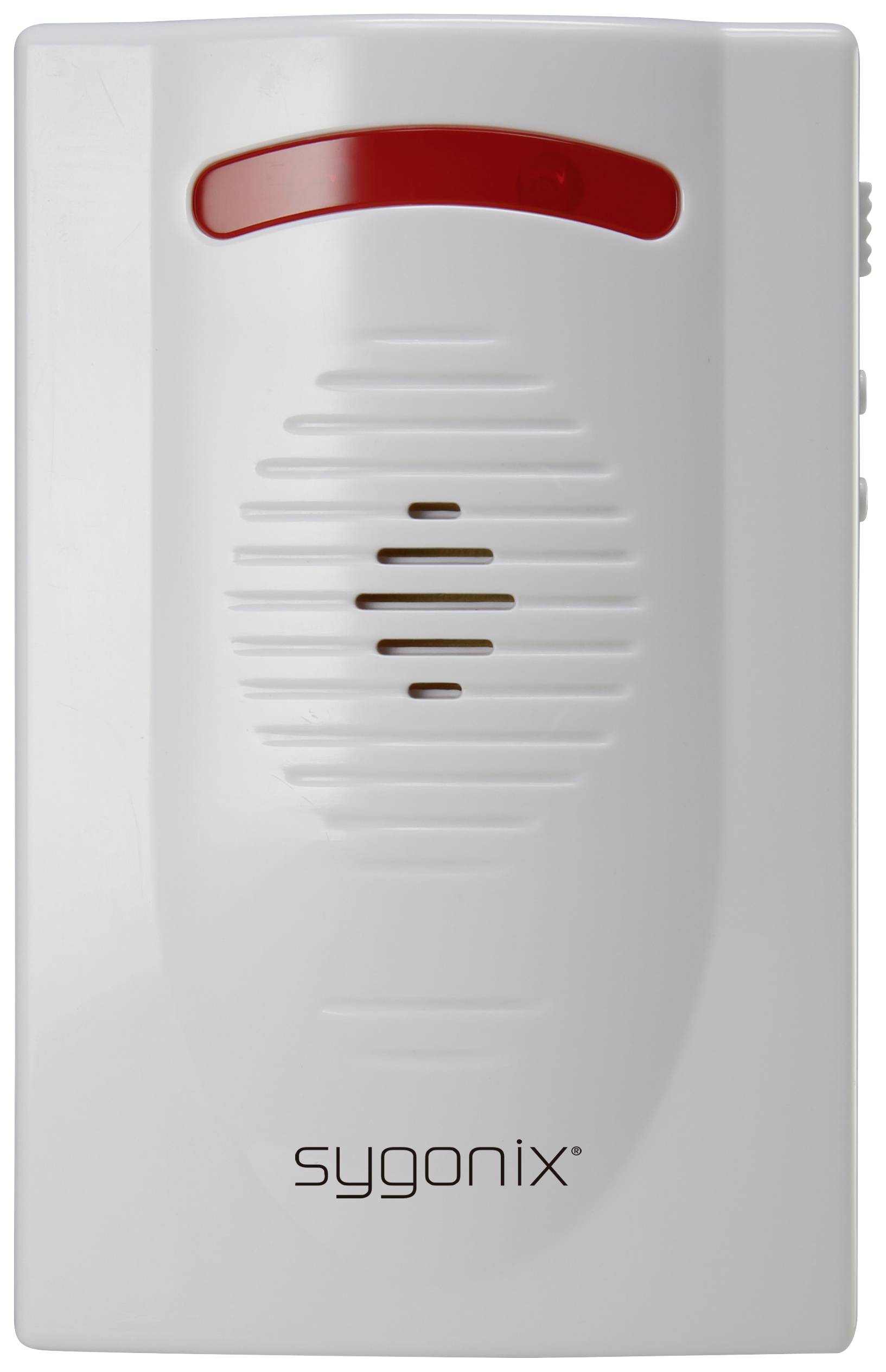 Un détecteur de fumée blanc avec un élément lumineux rouge et une grille de haut-parleur. La marque 'sygonix' est imprimée en bas.