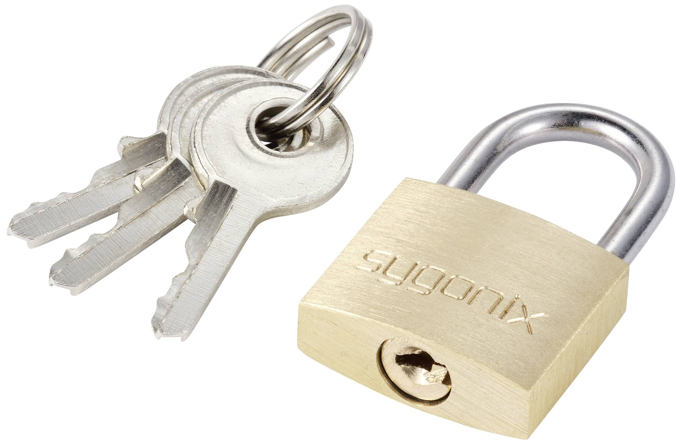 Un cadenas en laiton de la marque 'Sygonix' est posé à côté de trois clés sur un anneau à clés, sur une surface blanche.