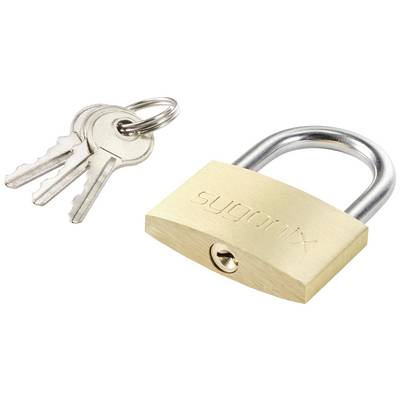 Un cadenas en laiton avec trois clés sur un anneau. Le cadenas porte le mot 'sygonix'.
