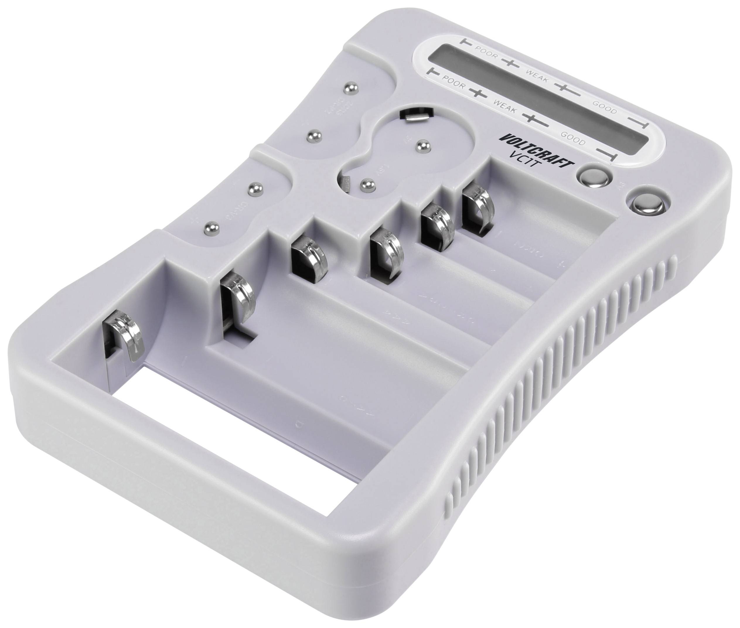 'Chargeur de batterie gris avec quatre emplacements de charge et affichage numérique. Convient aux batteries AA et AAA.'