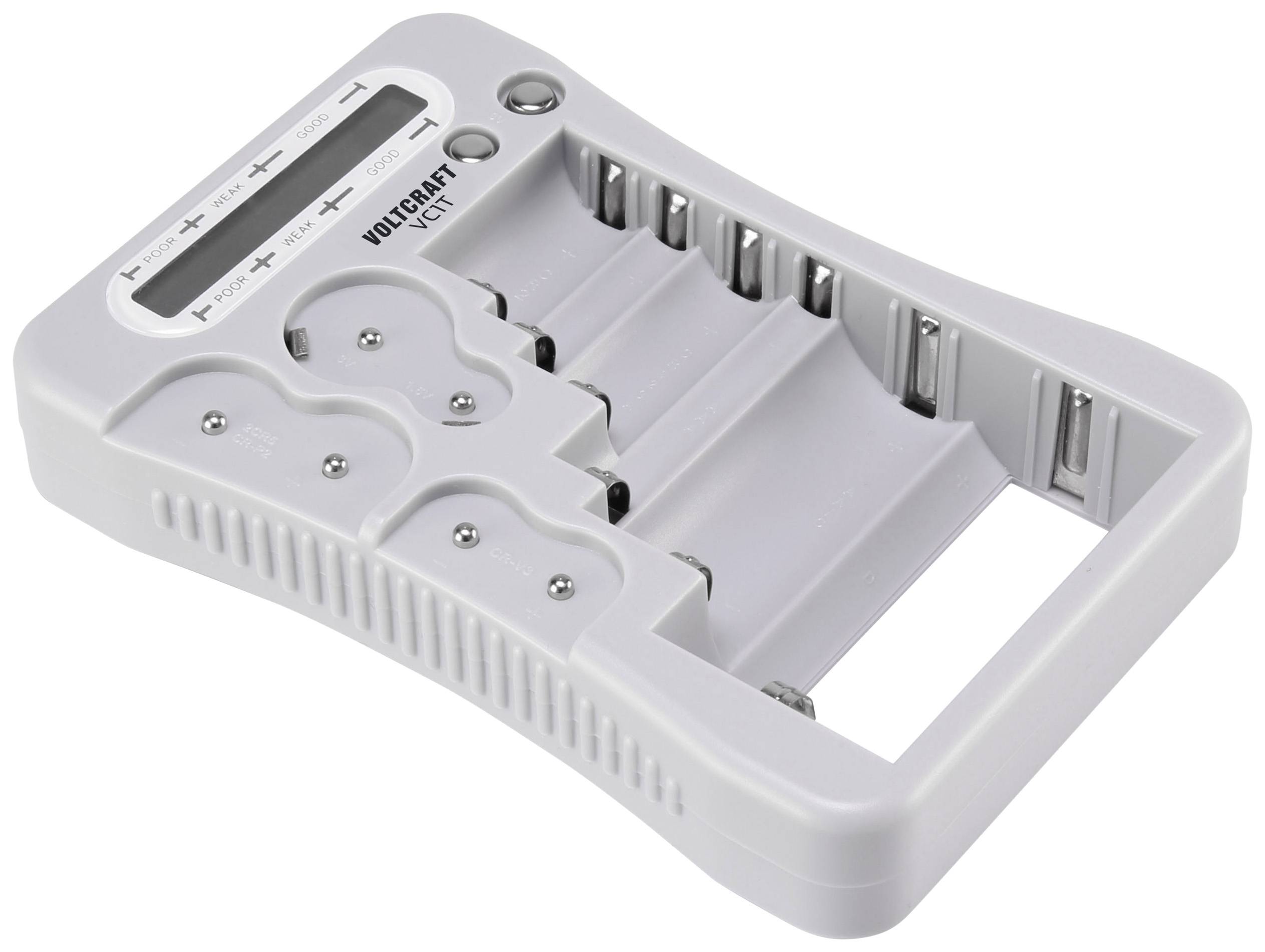 Chargeur de batterie blanc pour piles AA, AAA et 9V, doté de plusieurs emplacements de charge et d'indicateurs LED.