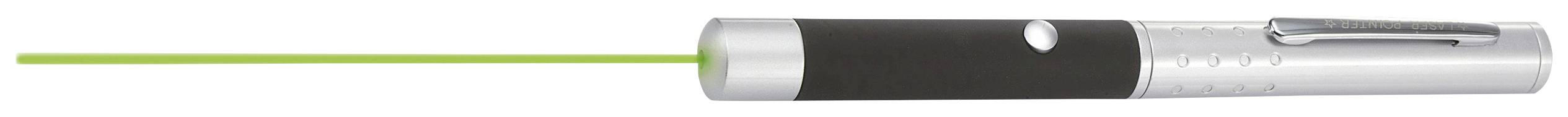 Pointeur laser argenté à poignée noire projetant un faisceau vert, indiquant un usage pour présentation ou enseignement.