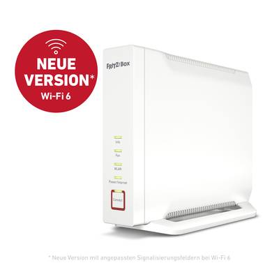 Routeur 'Fritz!Box' avec Wi-Fi 6 et voyants pour Information, Alimentation/LAN et Wi-Fi. Point rouge avec le texte 'Nouvelle version Wi-Fi 6'.