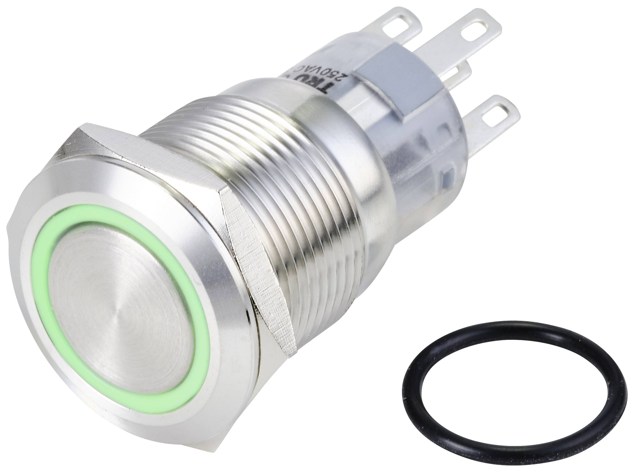 Un bouton-poussoir argenté avec un anneau LED vert, adapté pour commander des appareils. À côté se trouve un joint d'étanchéité noir.