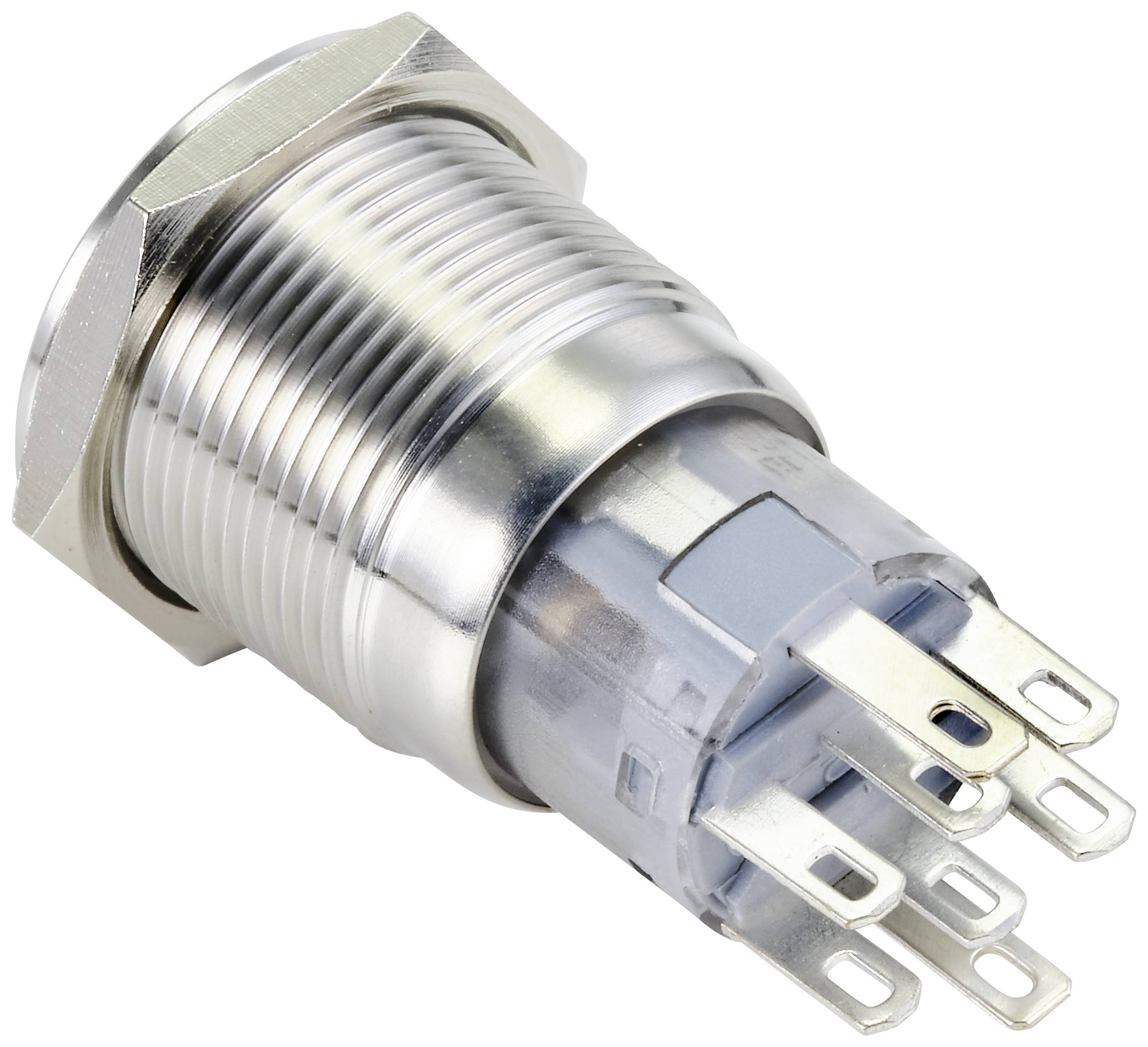 Un interrupteur métallique rond argenté avec plusieurs broches de connexion, adapté aux connexions électriques.