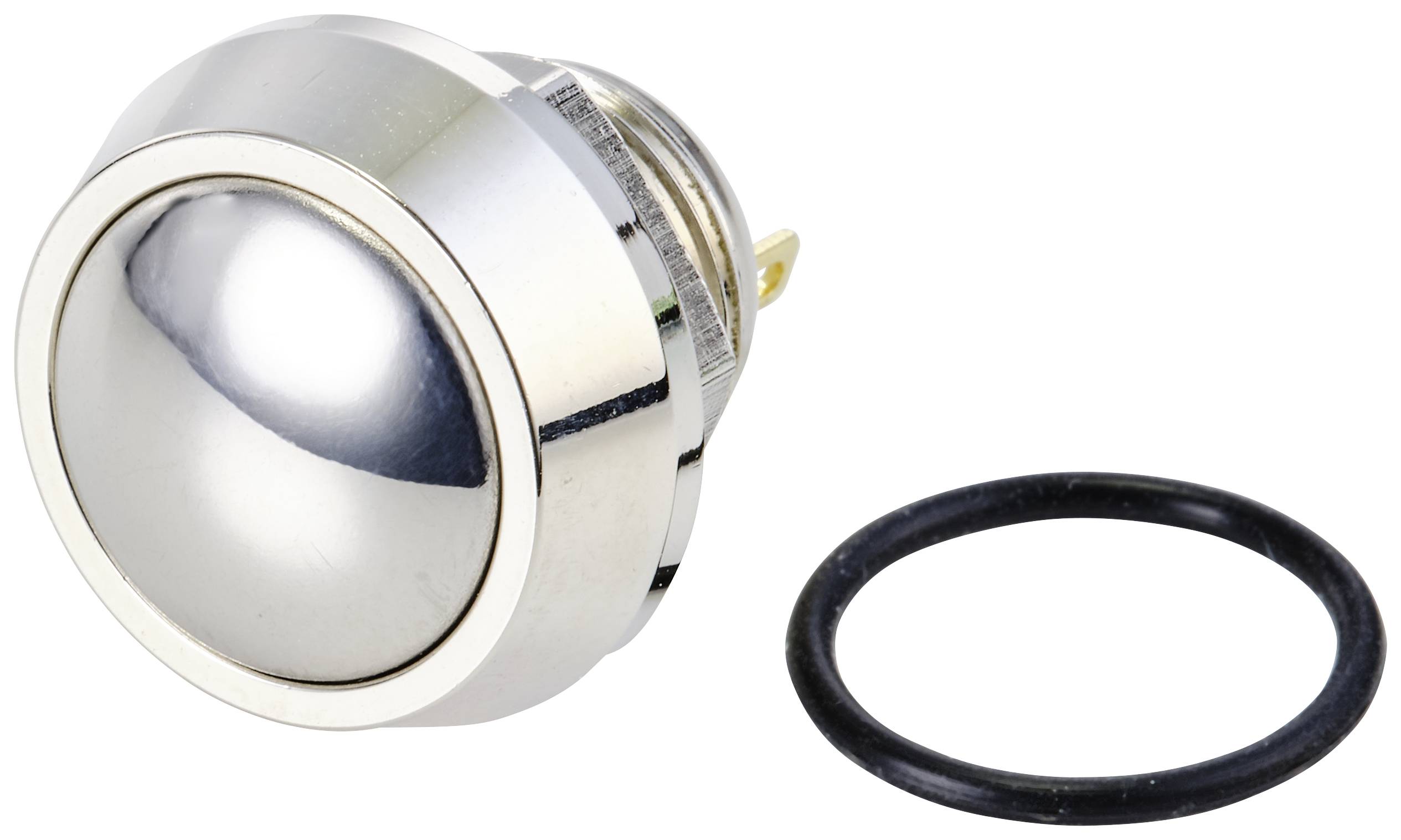 Bouton-poussoir argenté à côté d'un joint torique noir sur fond blanc. Le bouton-poussoir semble mécanique et robuste.