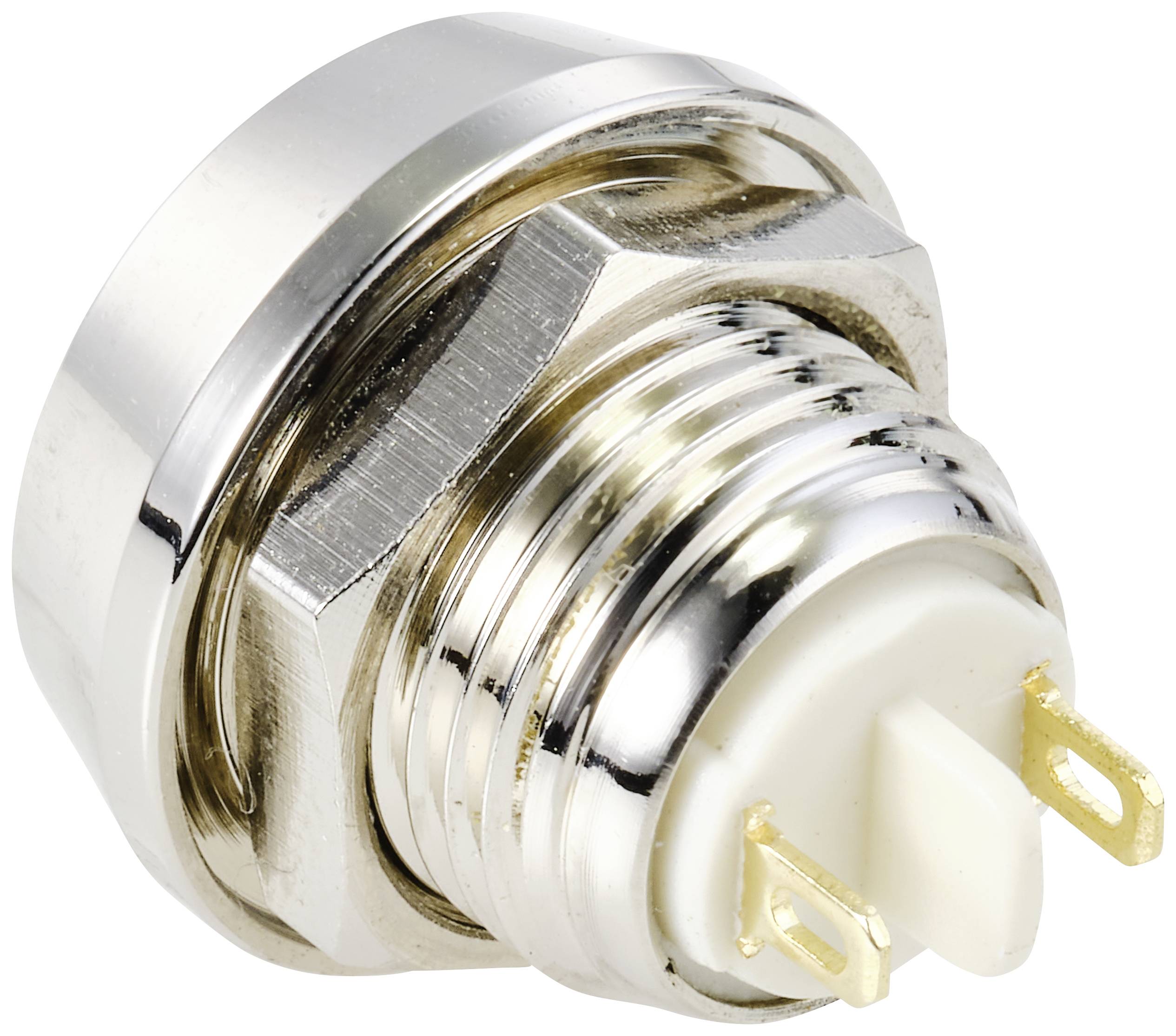 Un interrupteur à bascule rond, chromé, avec deux broches de connexion dorées, adapté aux connexions électriques dans les appareils.