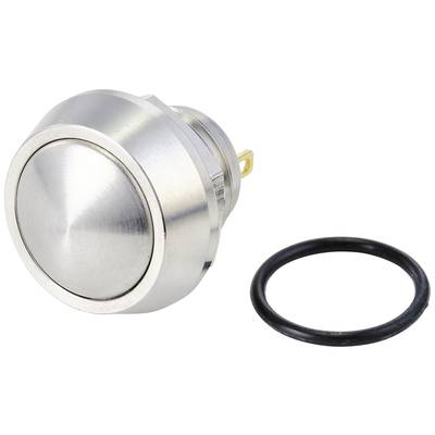 Bouton métallique rond et argenté à côté d'un joint torique noir. Le bouton a une surface plate et un petit bord circulaire.