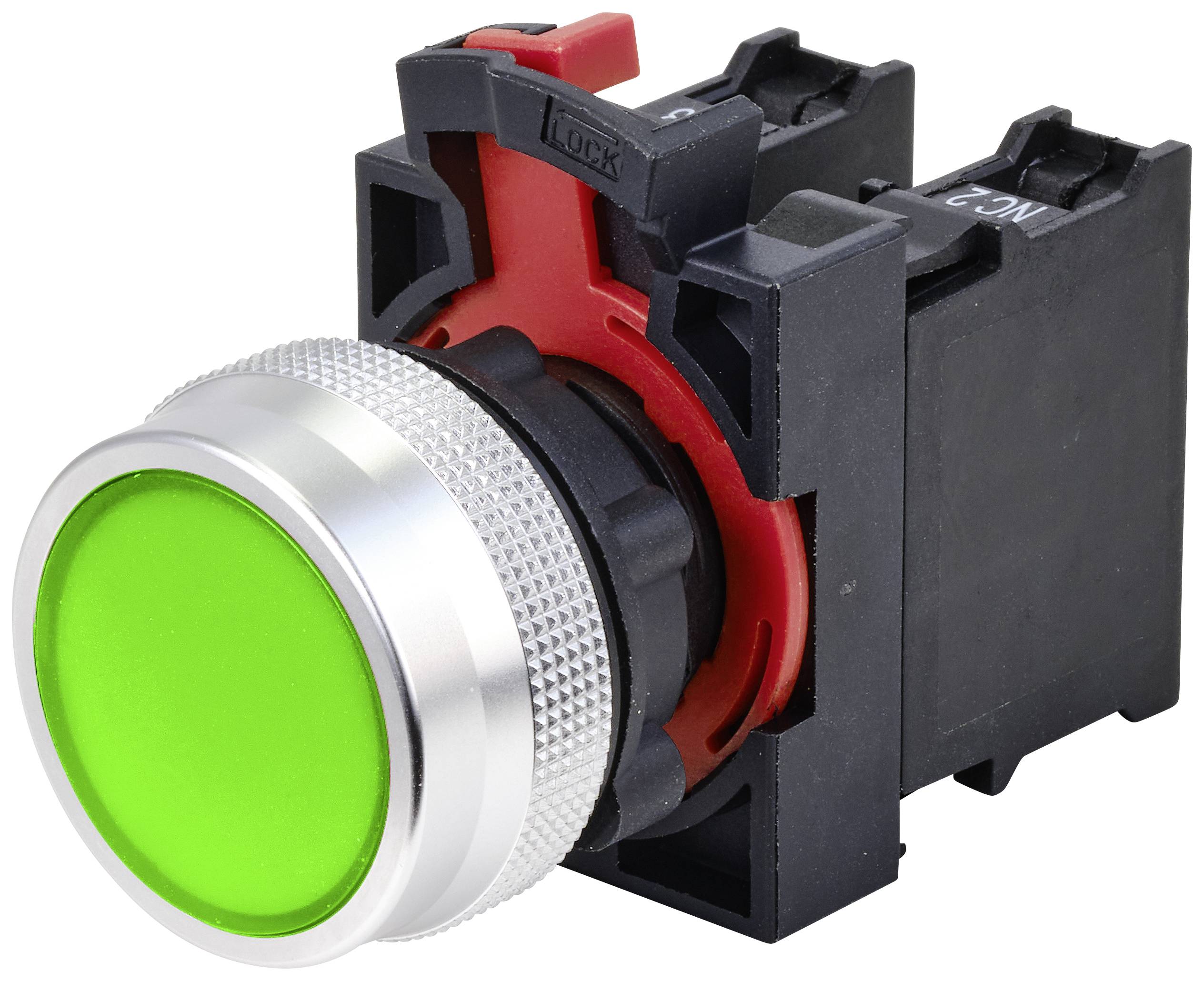 Bouton-poussoir vert à bordure métallique, monté dans un support noir. Utilisé pour démarrer des machines ou des processus.