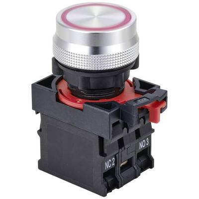 Bouton-poussoir en argent avec anneau lumineux rouge, monté sur un boîtier en plastique noir. Adapté pour les commandes industrielles.