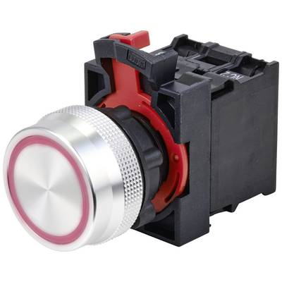 Un 'Druckknopf' présente un interrupteur rond argenté avec un bord rouge illuminé sur un boîtier noir.