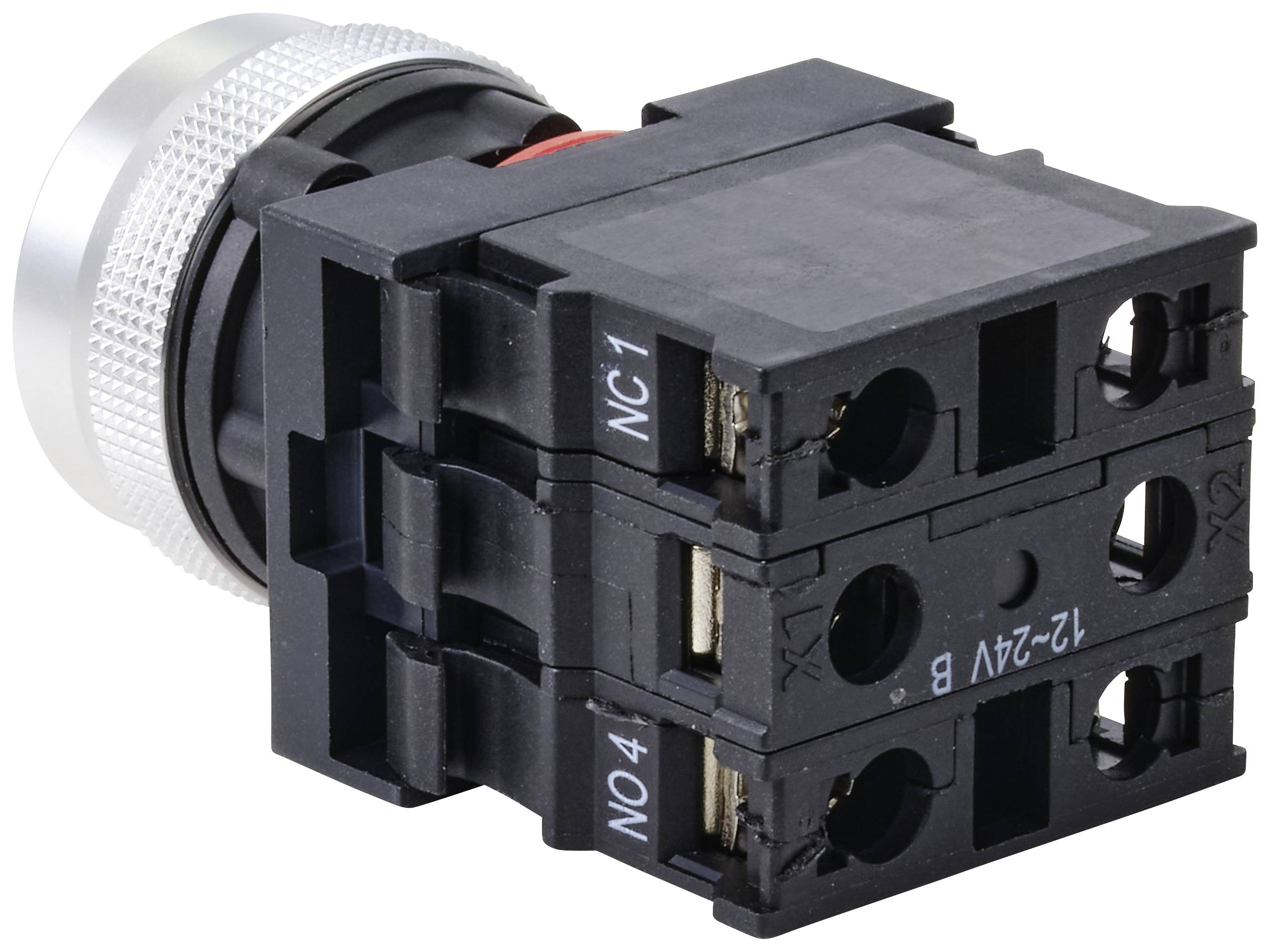 Bouton-poussoir industriel à deux contacts, étiqueté 'NC1' et 'NO4', tension 12-24V ; capuchon rotatif argenté.