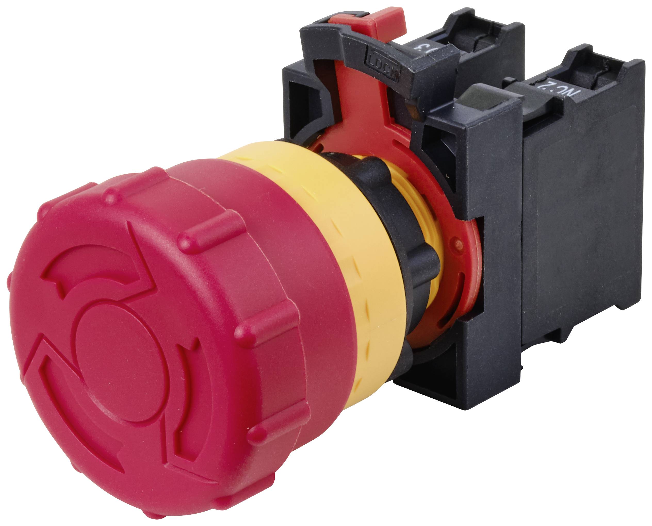 Bouton d'arrêt d'urgence rouge avec anneau jaune, utilisé dans les machines pour un arrêt rapide en cas d'urgence.