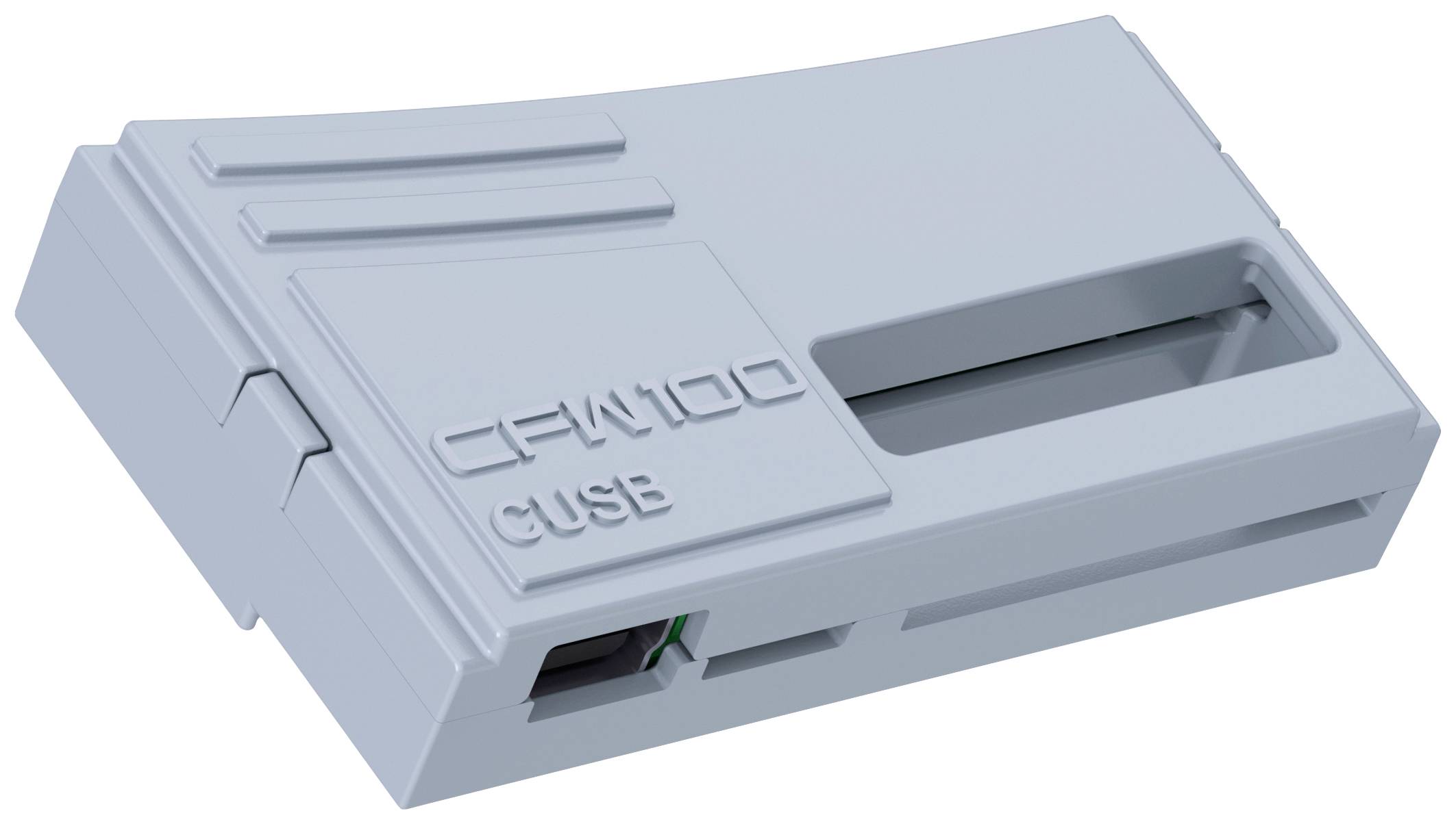 Un lecteur de carte RFID gris rectangulaire portant l'inscription « CFW100 CUSB ».